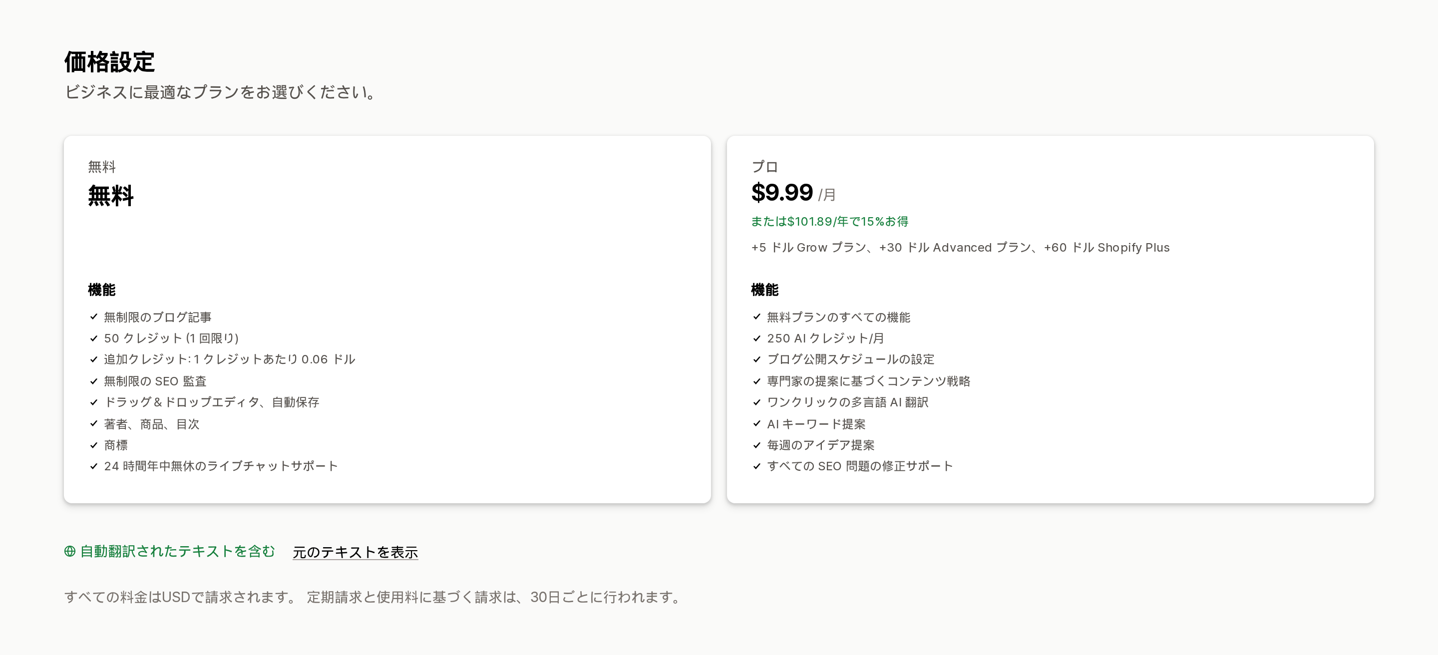 Tapita SEO AI Blog Builderの料金プラン。無料プランは1回限りの50クレジット、プロプランは月250 AIクレジットで月額9.99ドル