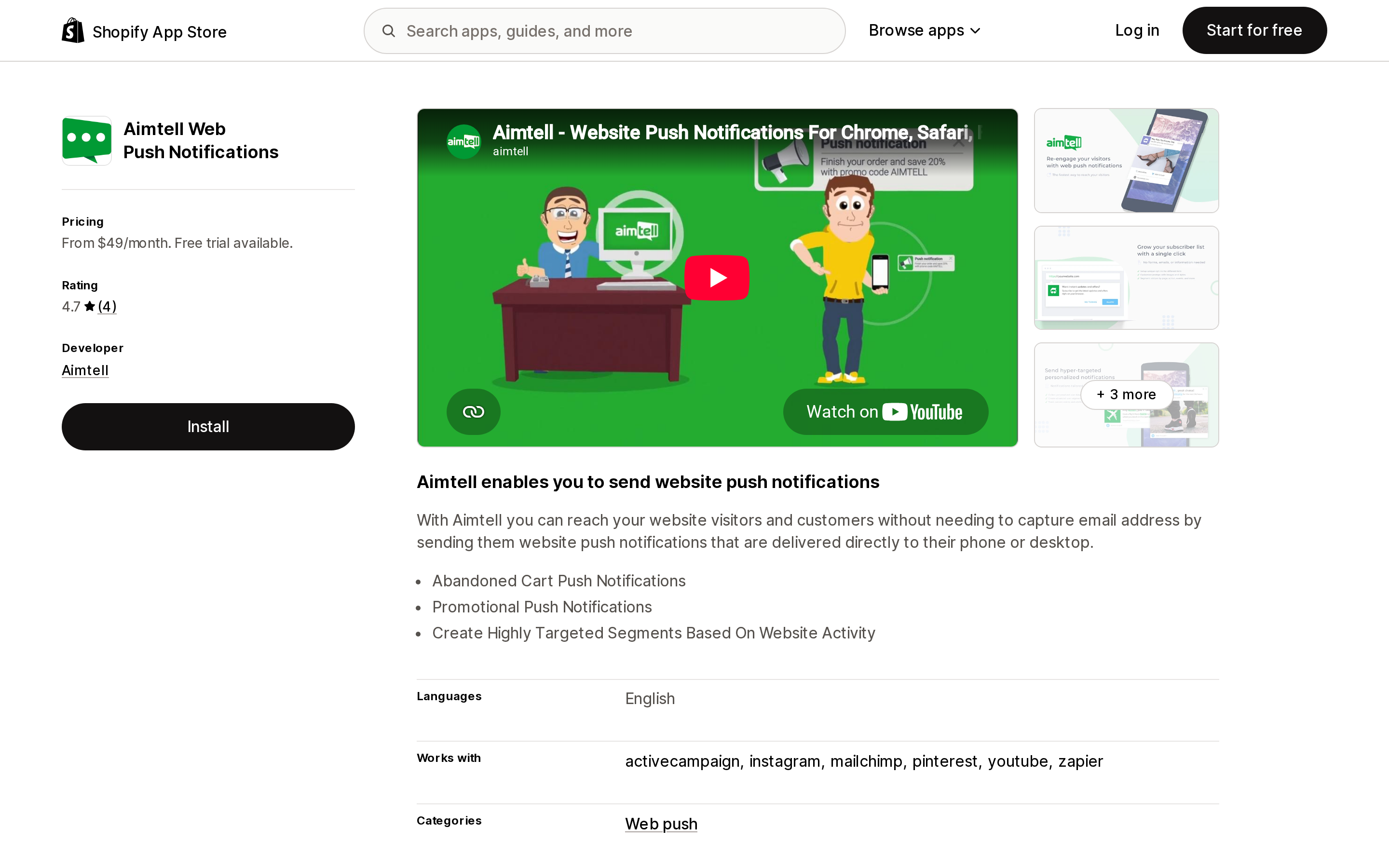 Top of the Shopify App Store listing page for Aimtell Web Push Notifications
