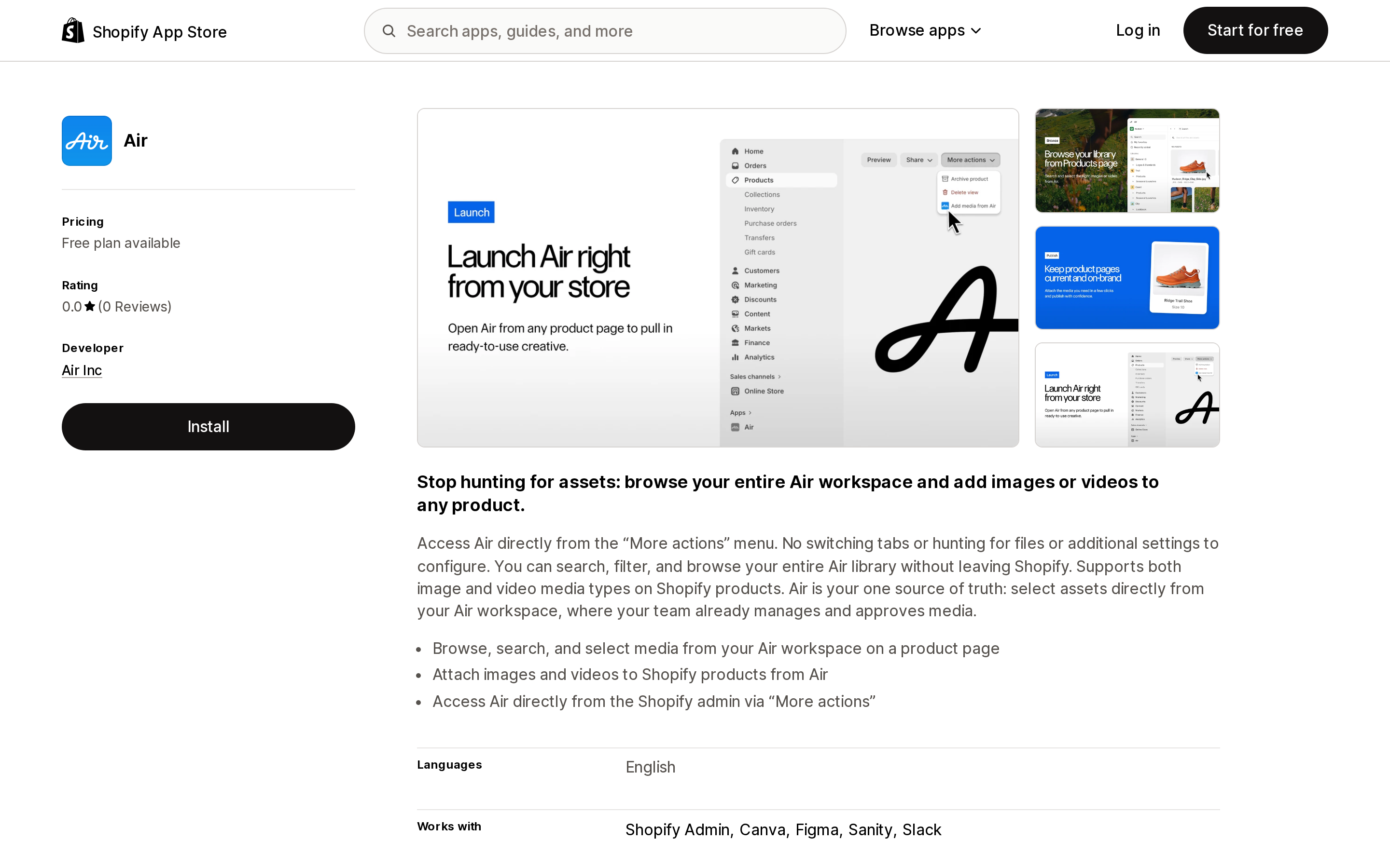 Top of the Shopify App Store listing page for Air by Air Inc