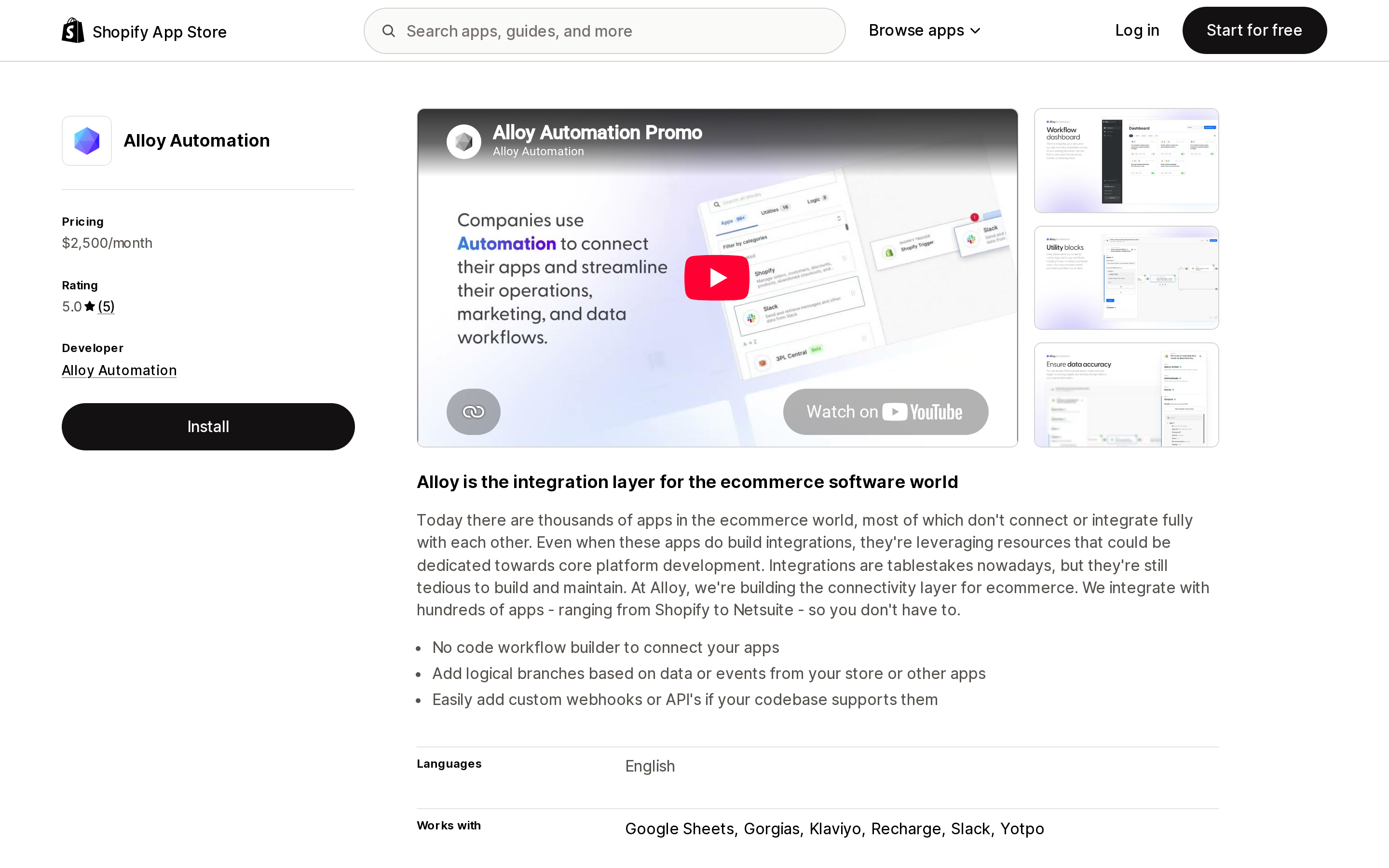 Top of the Shopify App Store listing page for Alloy Automation