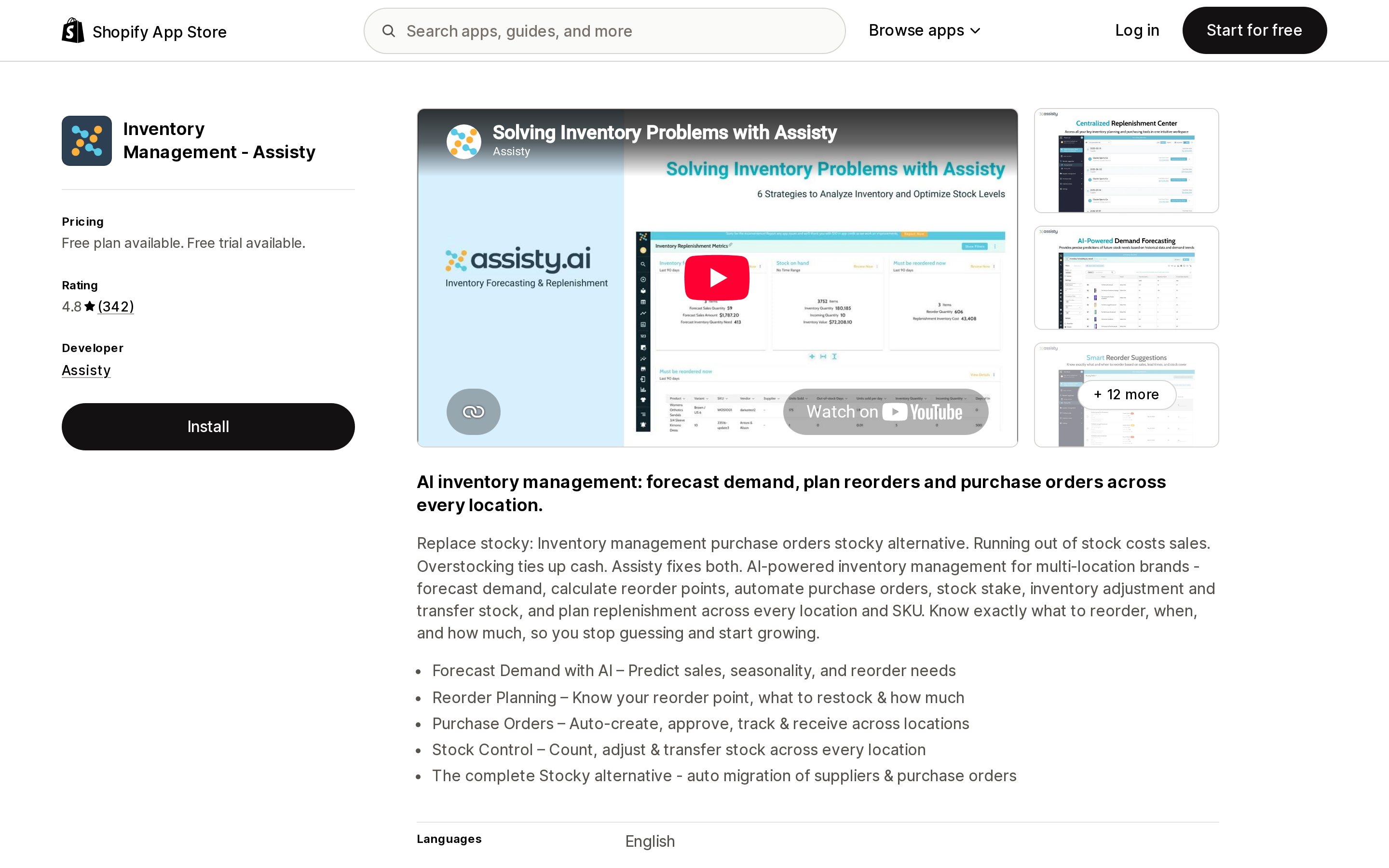 Top of the Shopify App Store listing page for Inventory Management ‑ Assisty