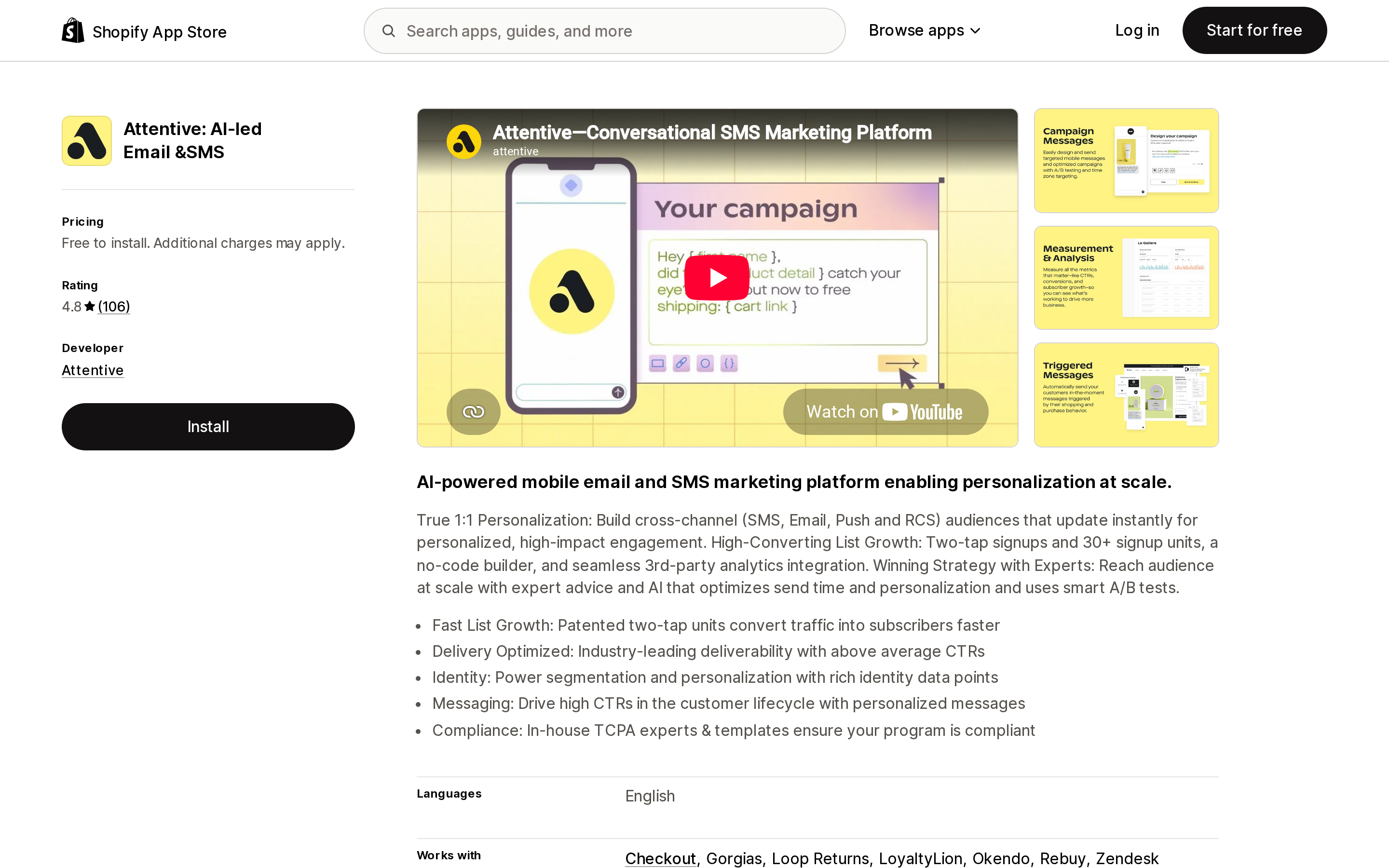Top of the Shopify App Store listing page for Attentive: AI‑led Email &SMS