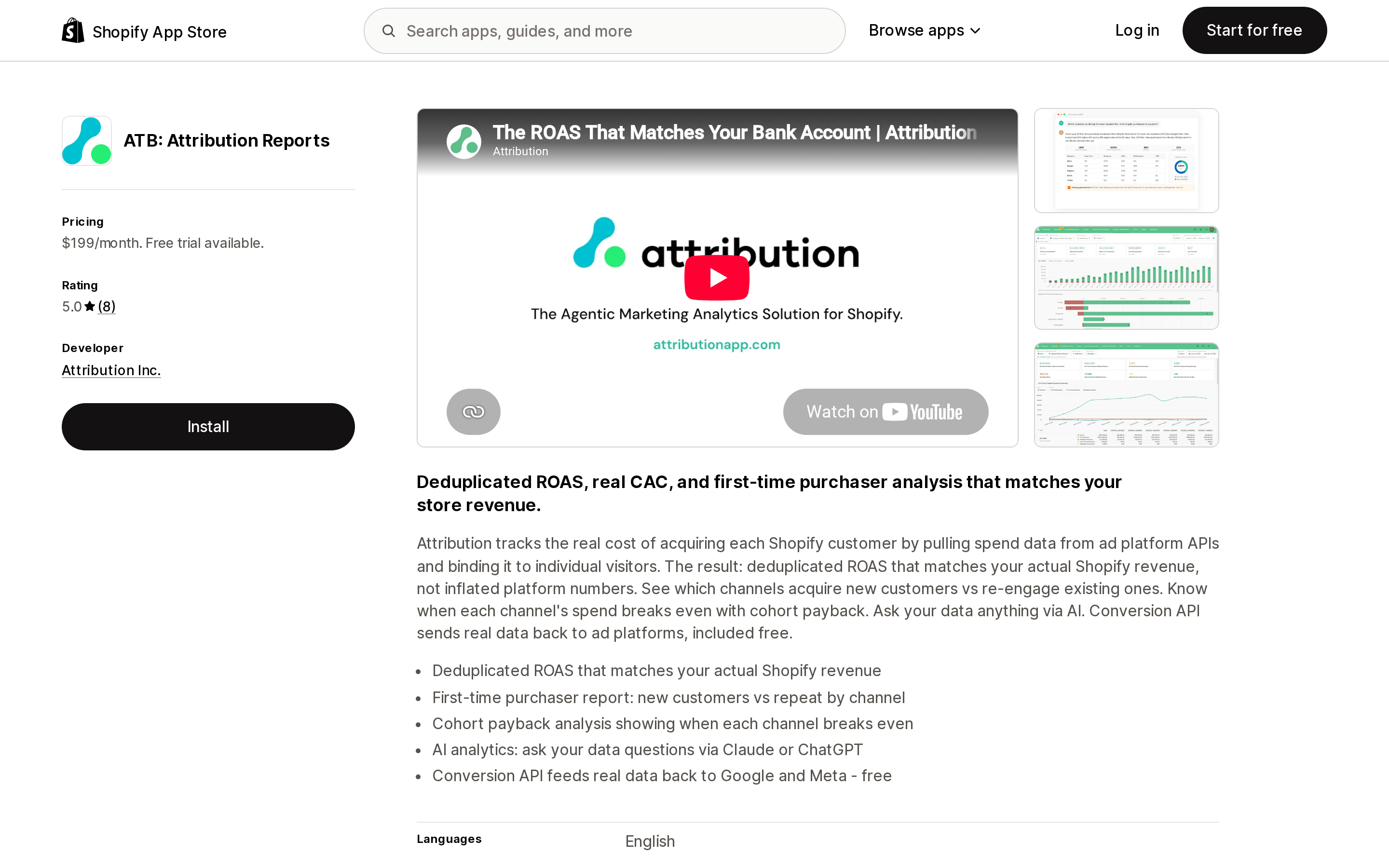 Top of the Shopify App Store listing page for ATB: Attribution Reports