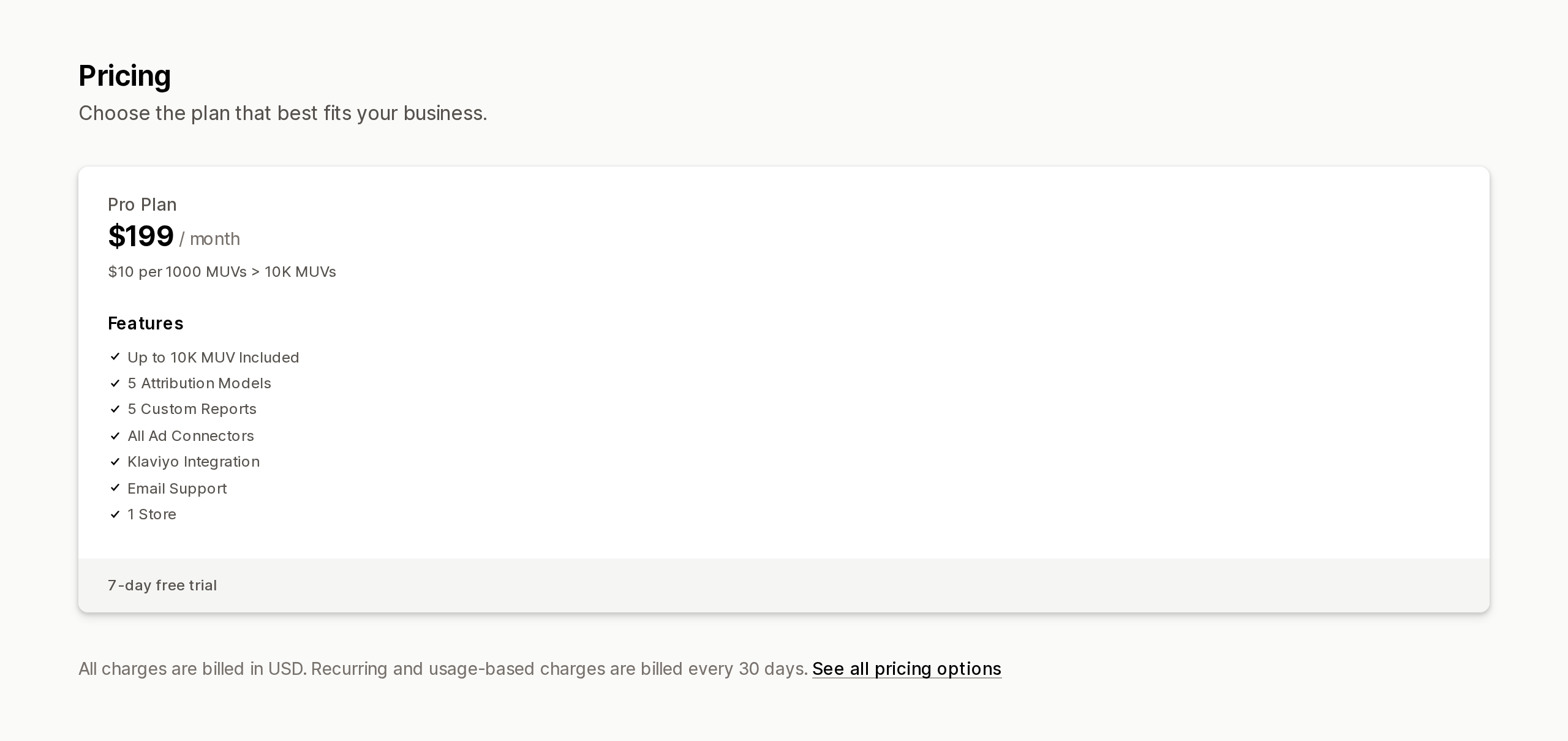 ATB: Attribution Reports pricing card. The $199 Pro Plan includes 10K MUV, then charges $10 per 1,000 MUVs