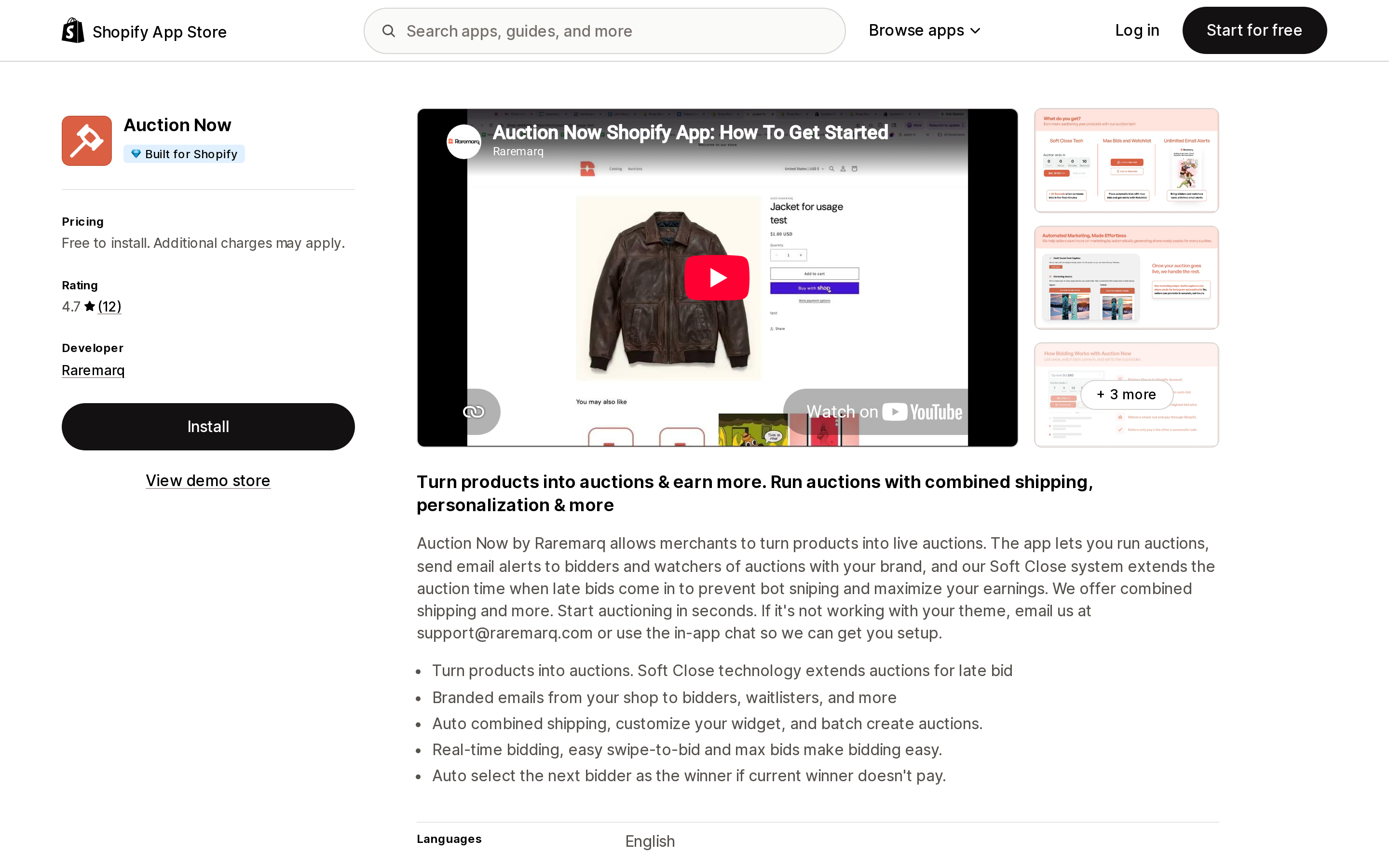 Top of the Shopify App Store listing page for Auction Now