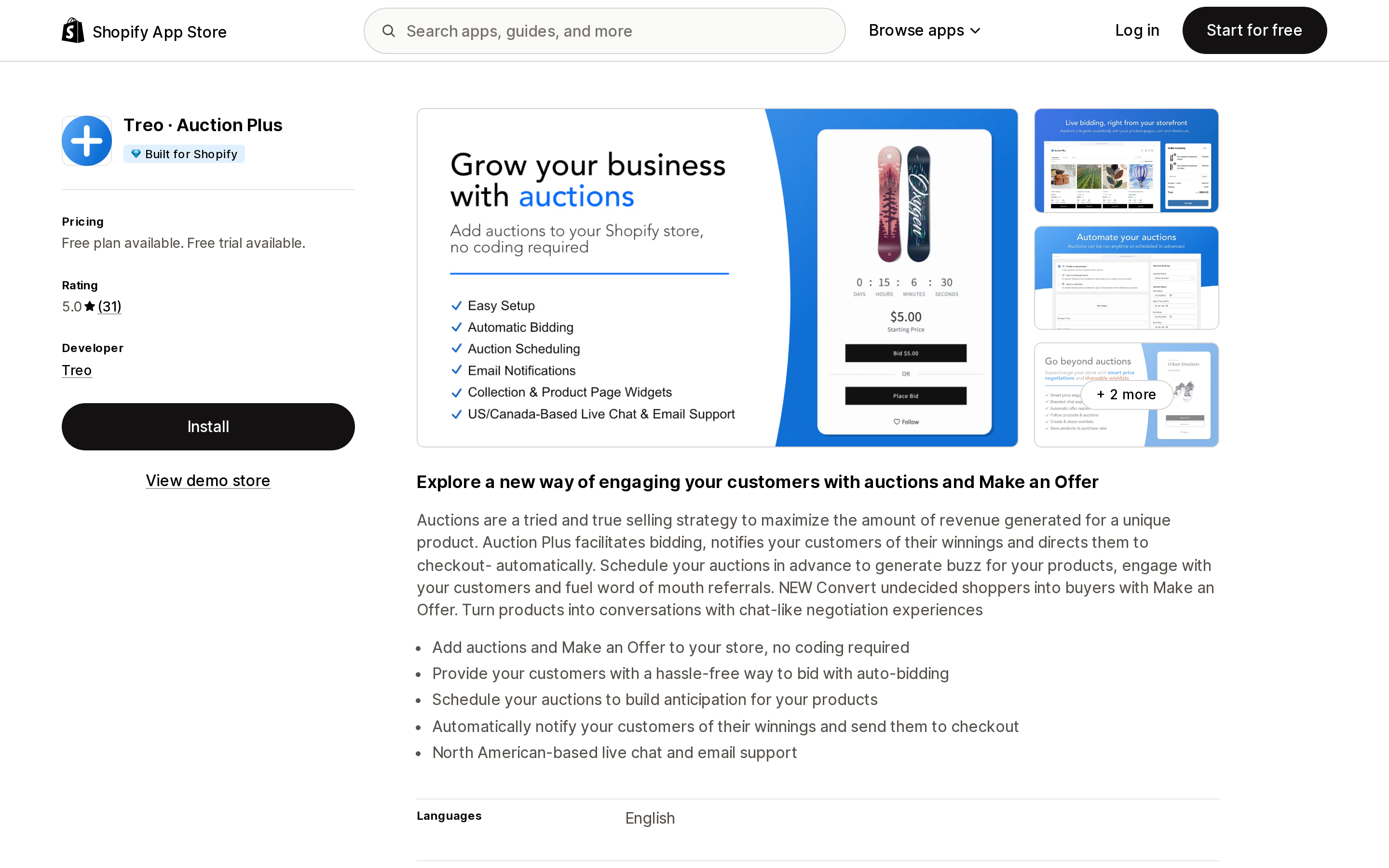 Top of the Shopify App Store listing page for Treo · Auction Plus