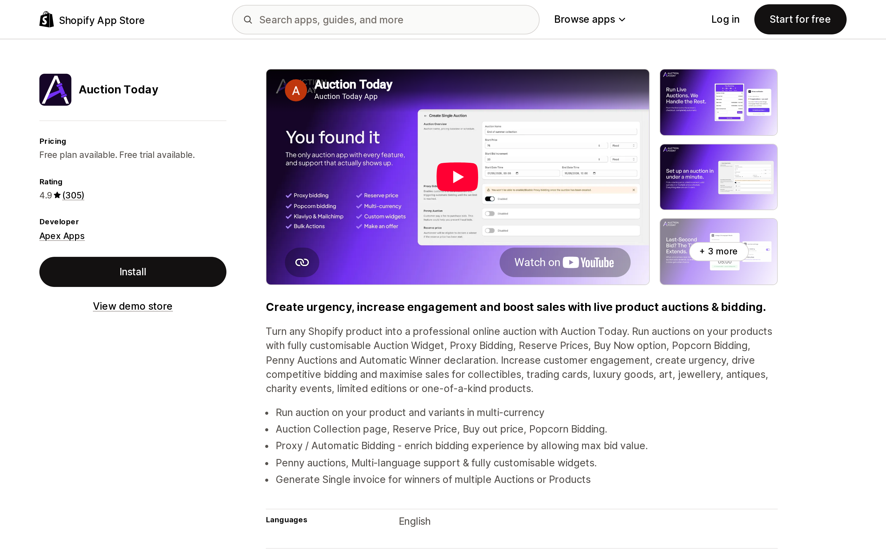 Top of the Shopify App Store listing page for Auction Today