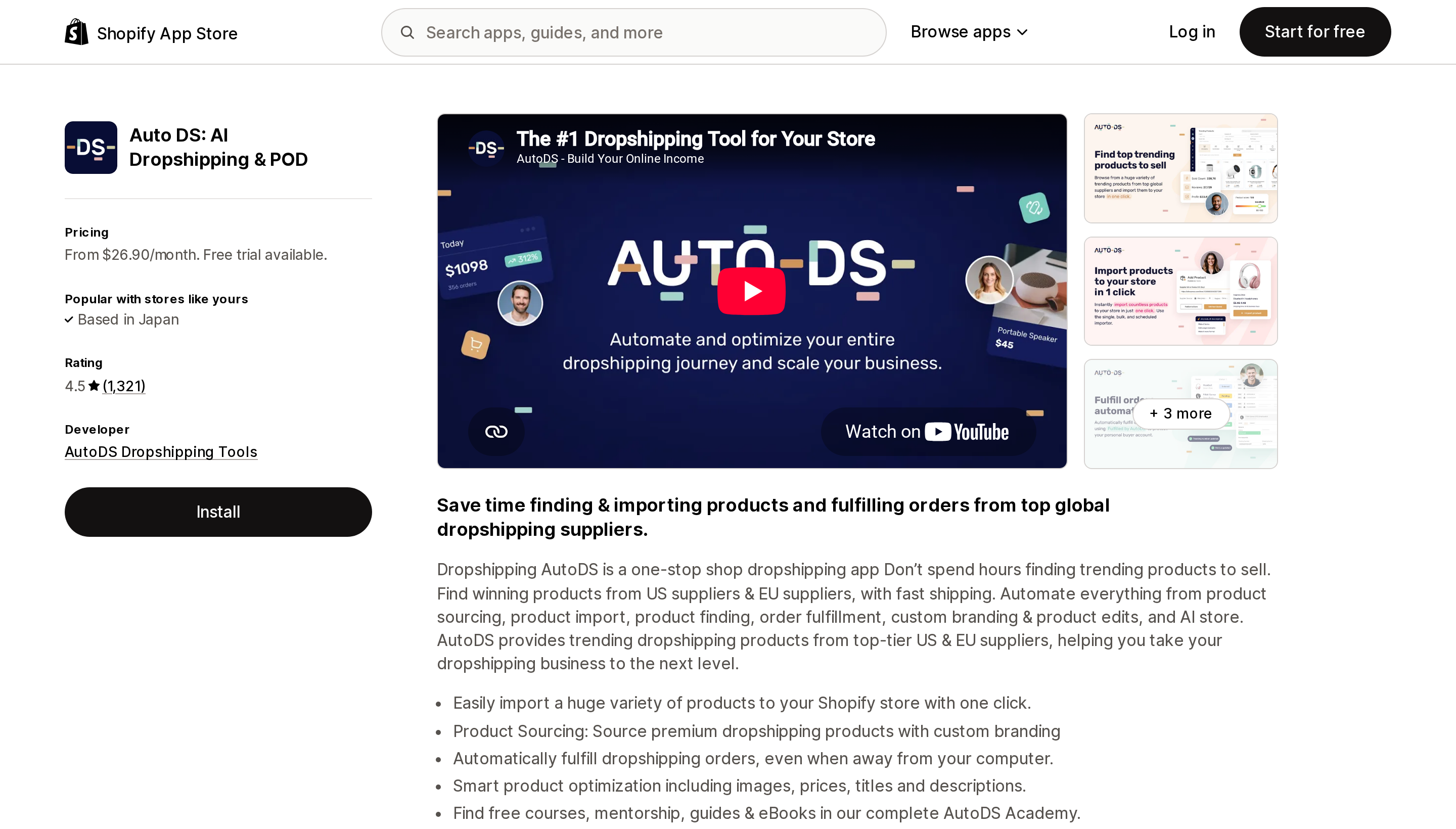 Top of the Shopify App Store listing page for Auto DS: AI Dropshipping & POD