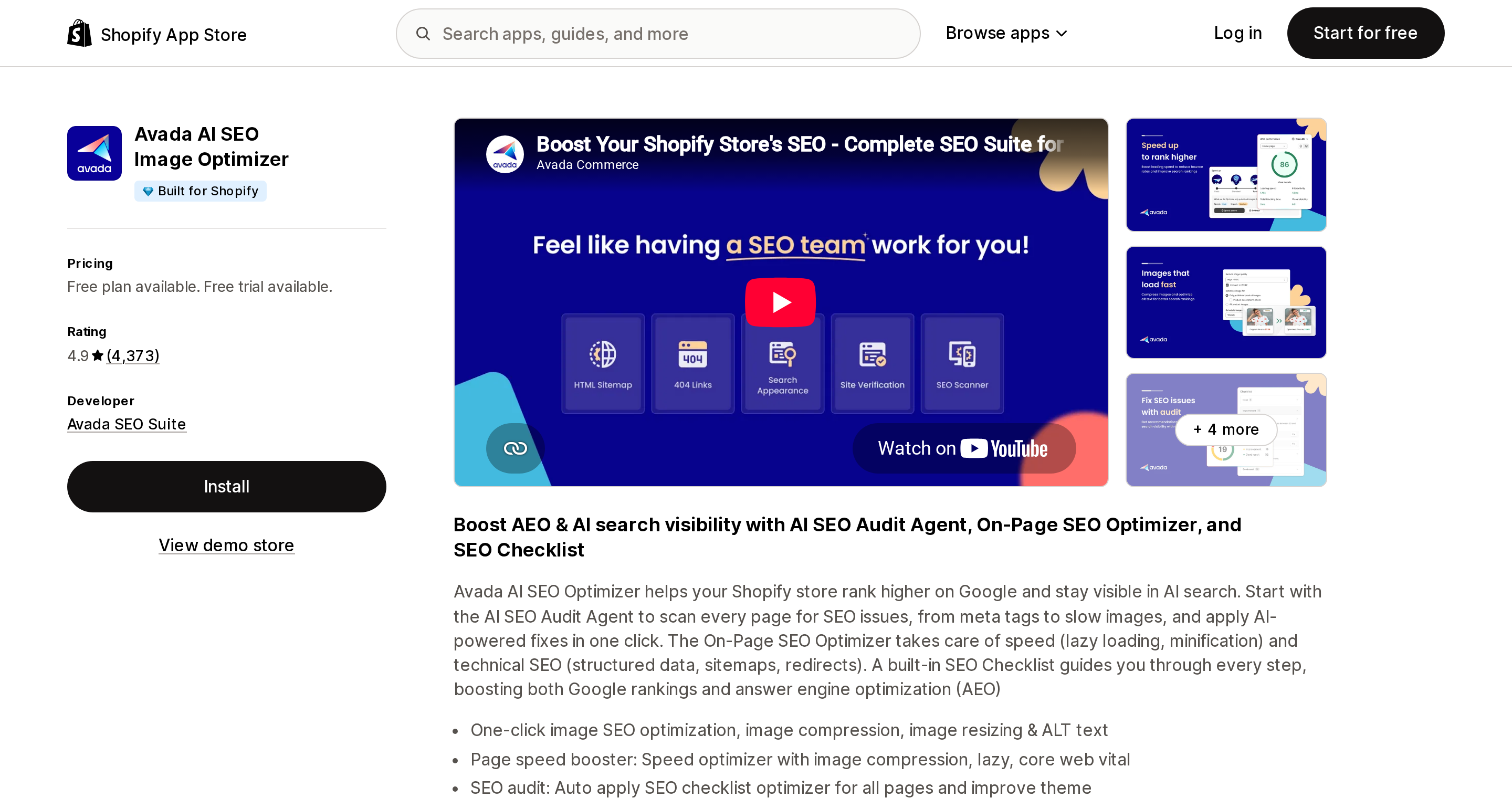 Top of the Shopify App Store listing page for Avada AI SEO Image Optimizer