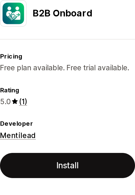 Top of the Shopify App Store listing page for B2B Onboard by Mentilead