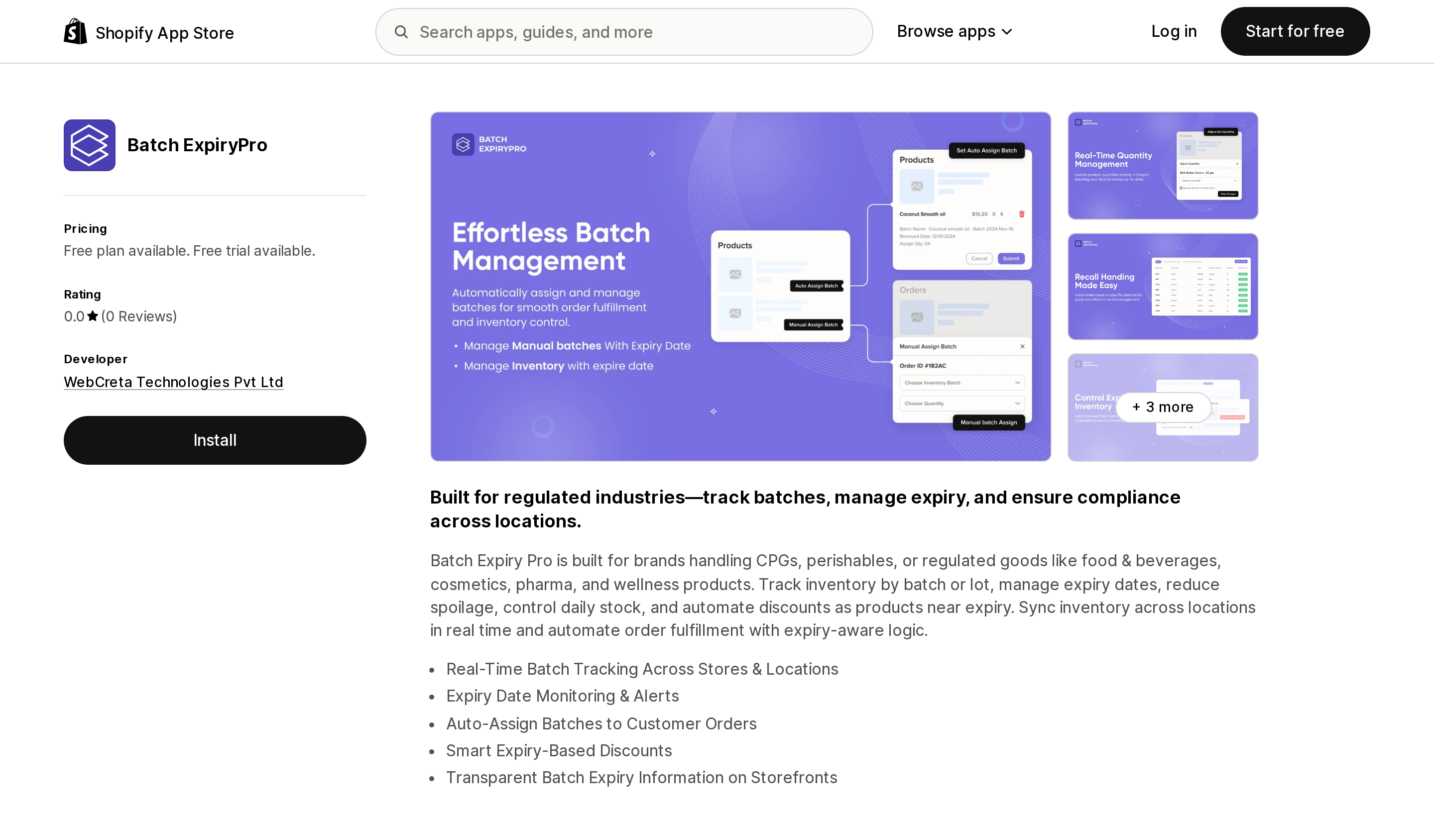 Top of the Shopify App Store listing page for Batch ExpiryPro, showing a 0.0 rating with no reviews