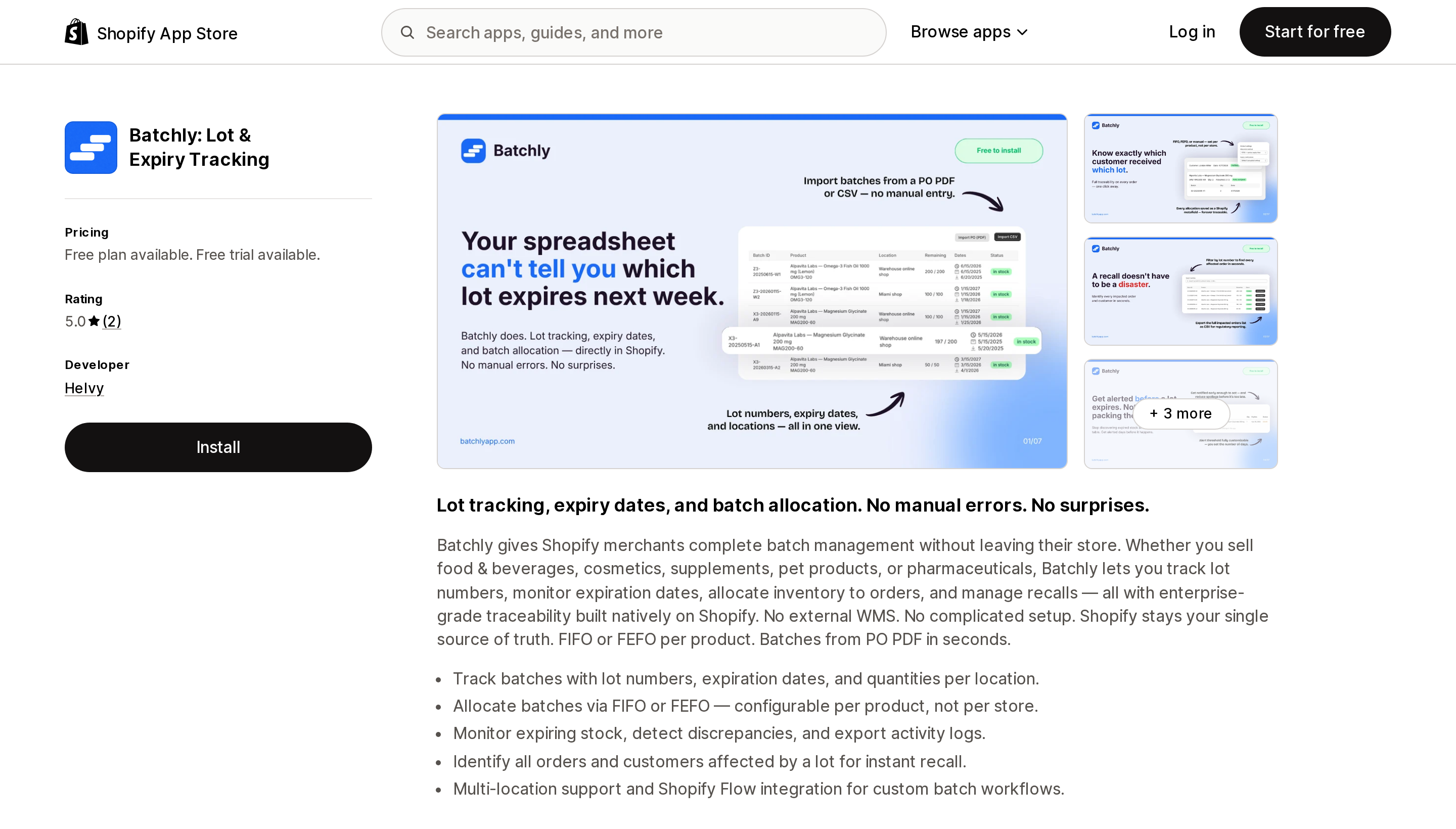 Top of the Shopify App Store listing page for Batchly: Lot & Expiry Tracking, showing its free plan and 5.0 rating from two reviews