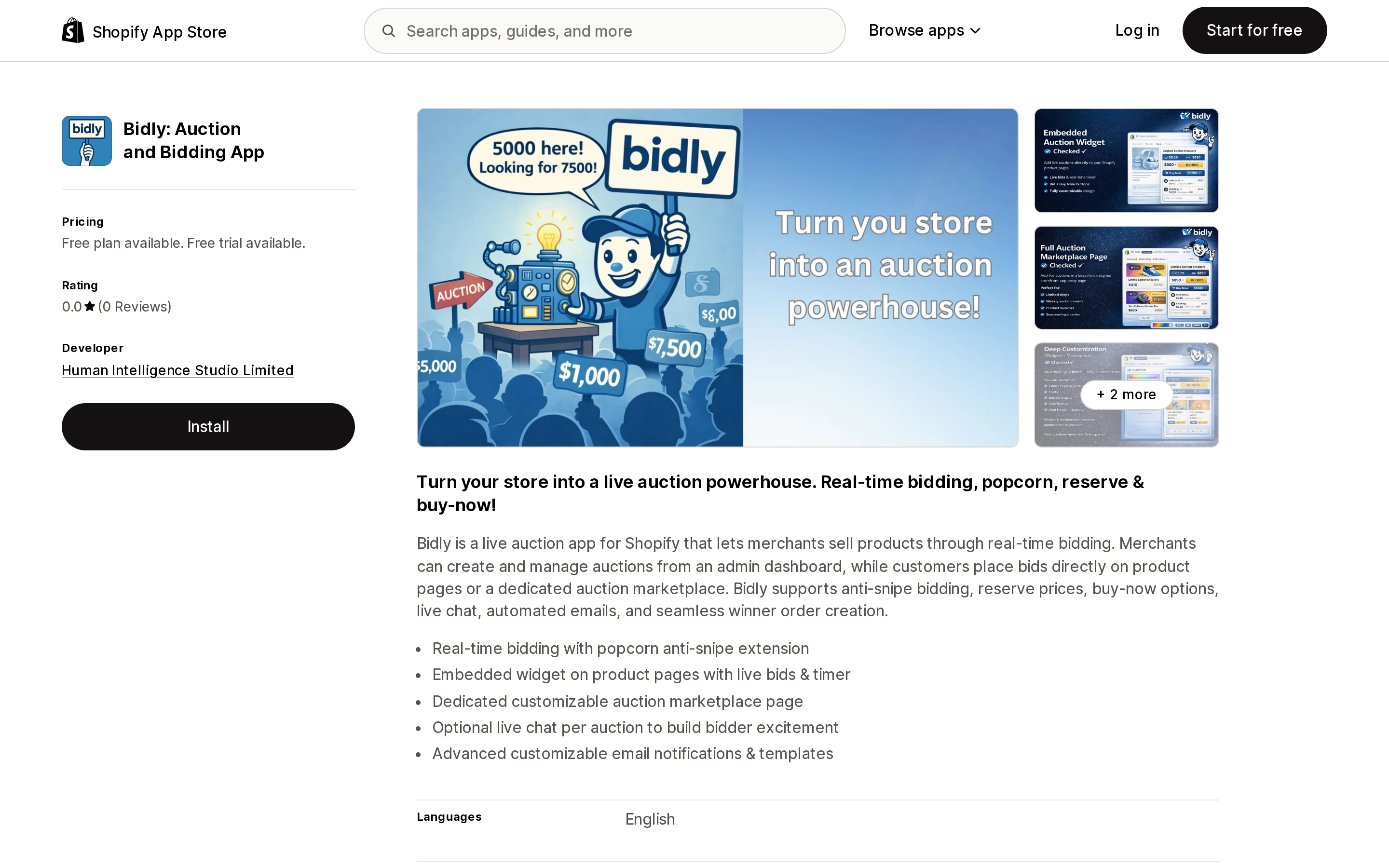 Top of the Shopify App Store listing page for Bidly: Auction and Bidding App