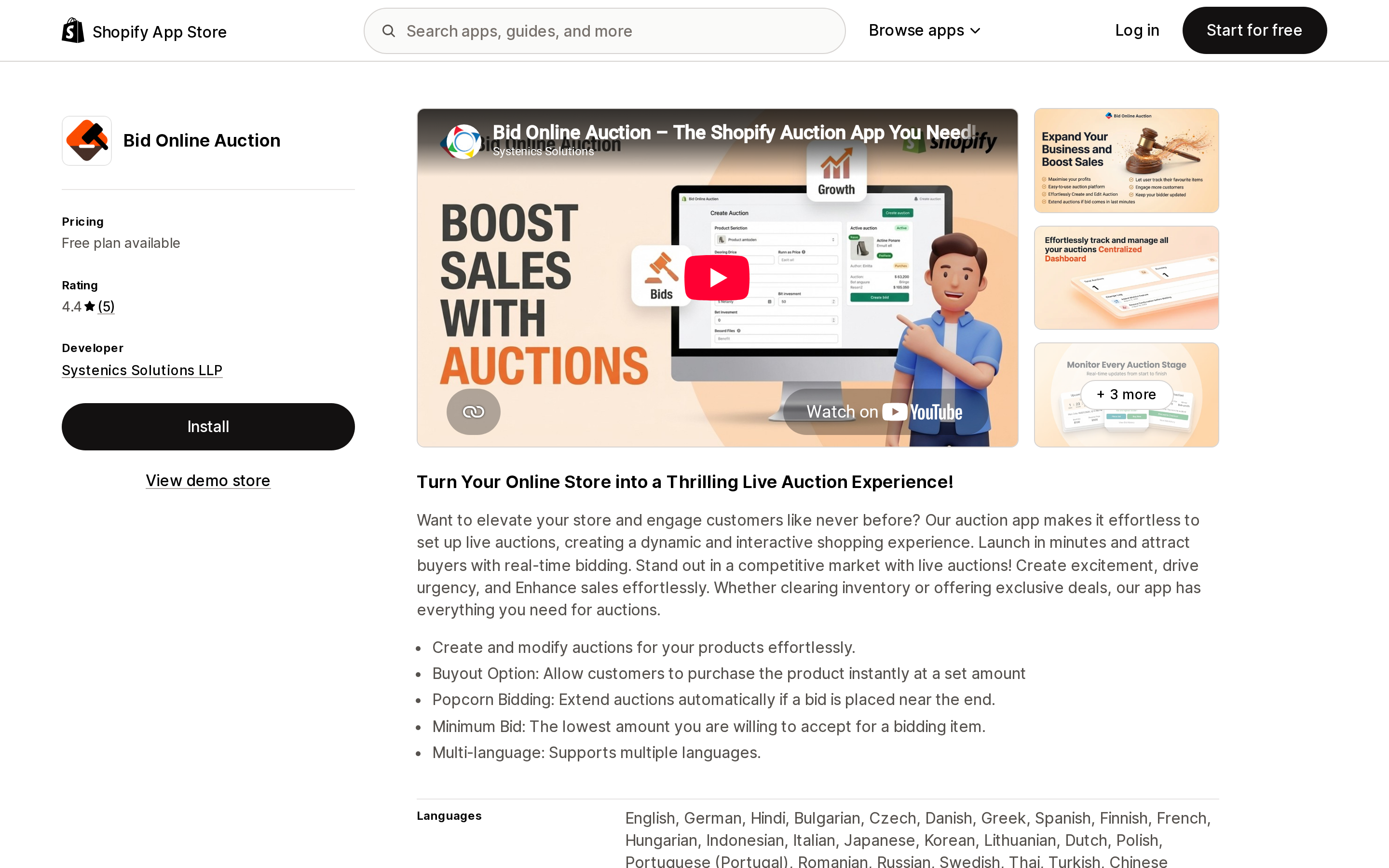 Top of the Shopify App Store listing page for Bid Online Auction