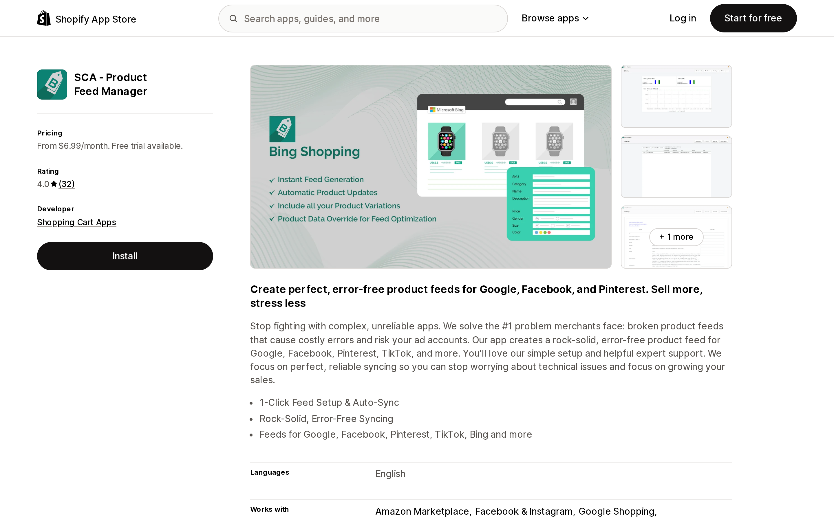 Top of the Shopify App Store listing page for SCA ‑ Product Feed Manager by Shopping Cart Apps