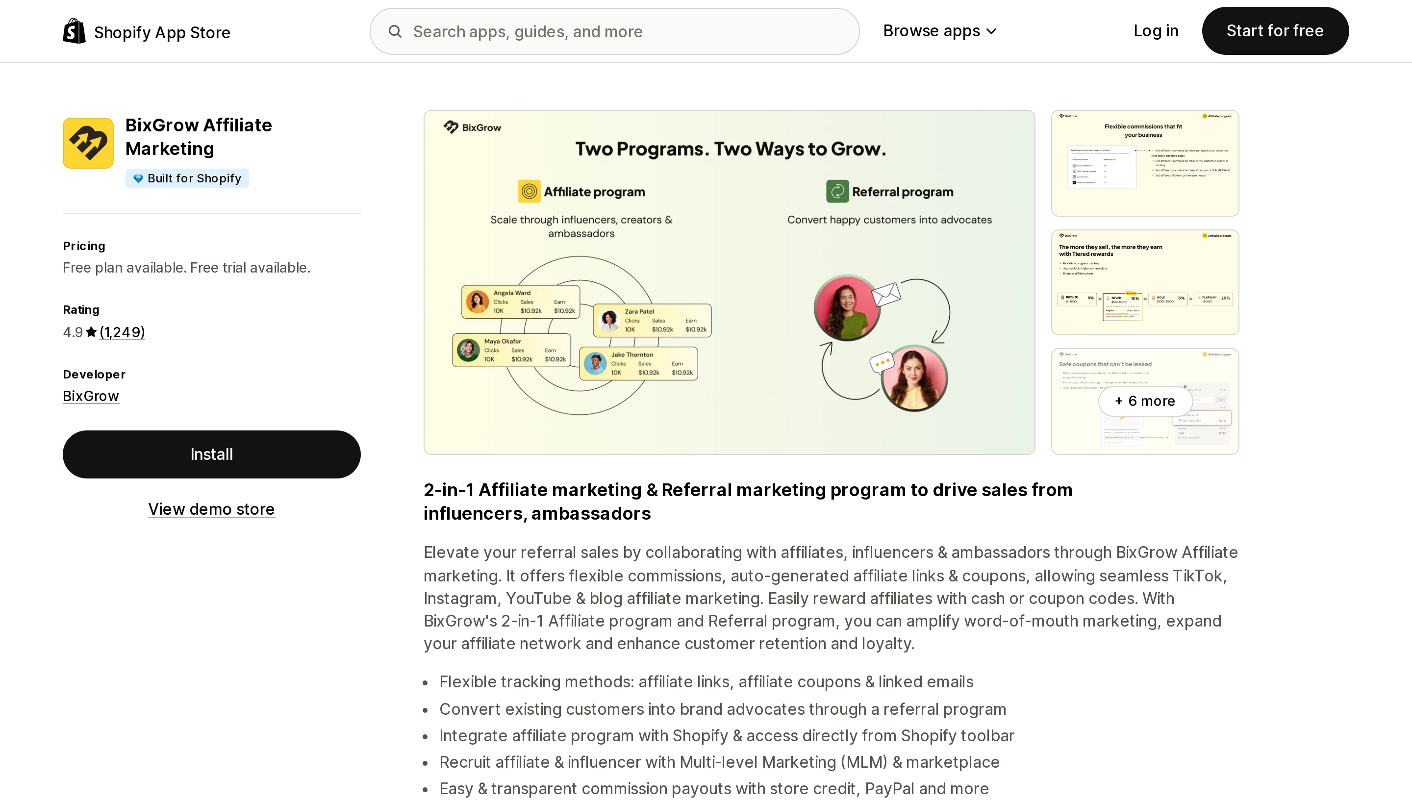 Top of the Shopify App Store listing page for BixGrow Affiliate Marketing