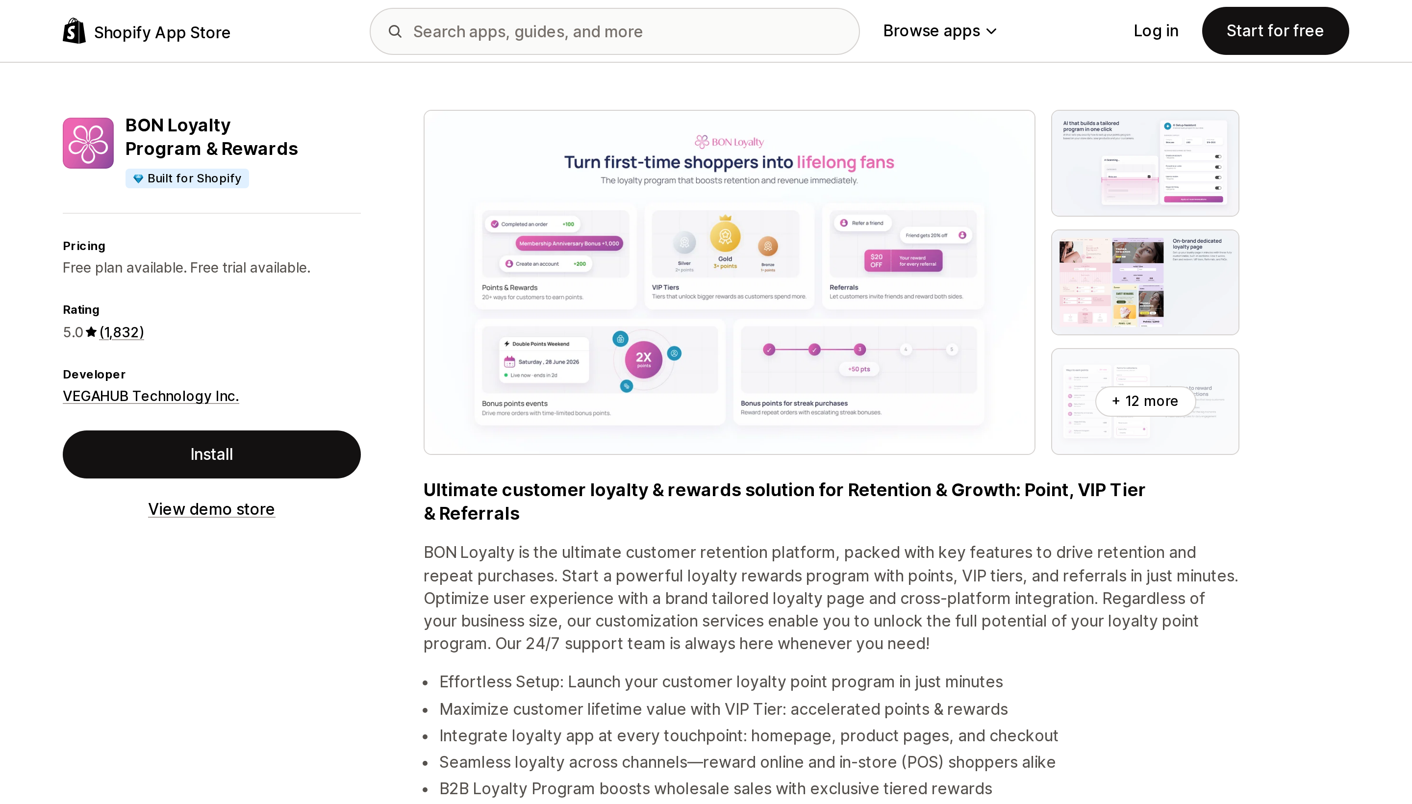 Top of the Shopify App Store listing page for BON Loyalty Program and Rewards