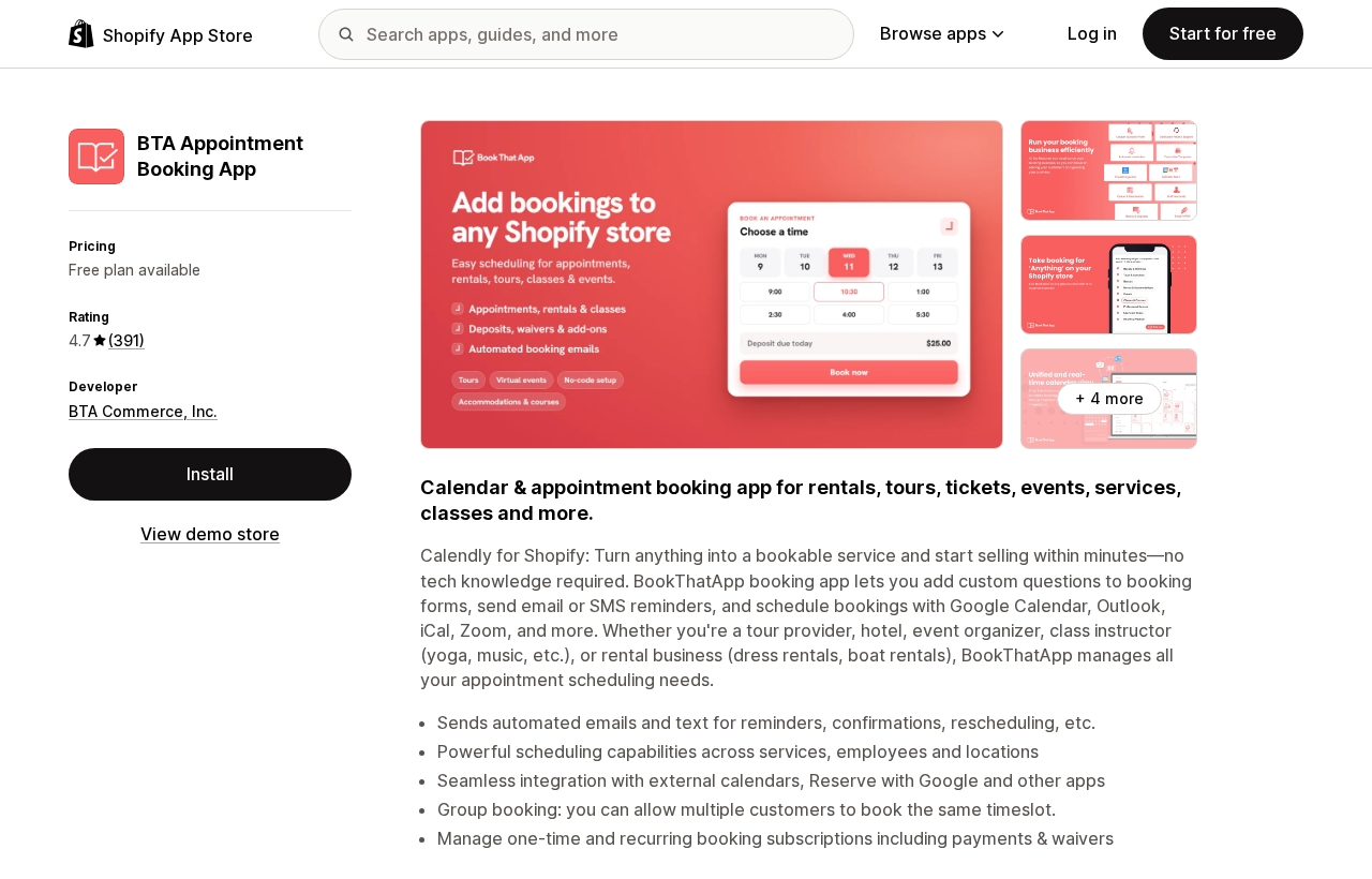 Shopify App Store listing for BTA Appointment Booking App, showing a free plan and a 4.7 rating from 391 reviews