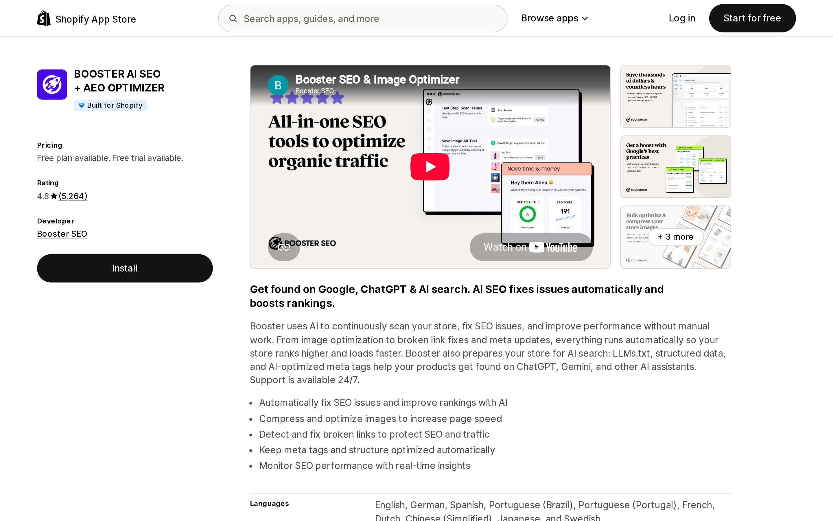 Top of the Shopify App Store listing page for BOOSTER AI SEO + AEO OPTIMIZER, rated 4.8 across 5,264 reviews