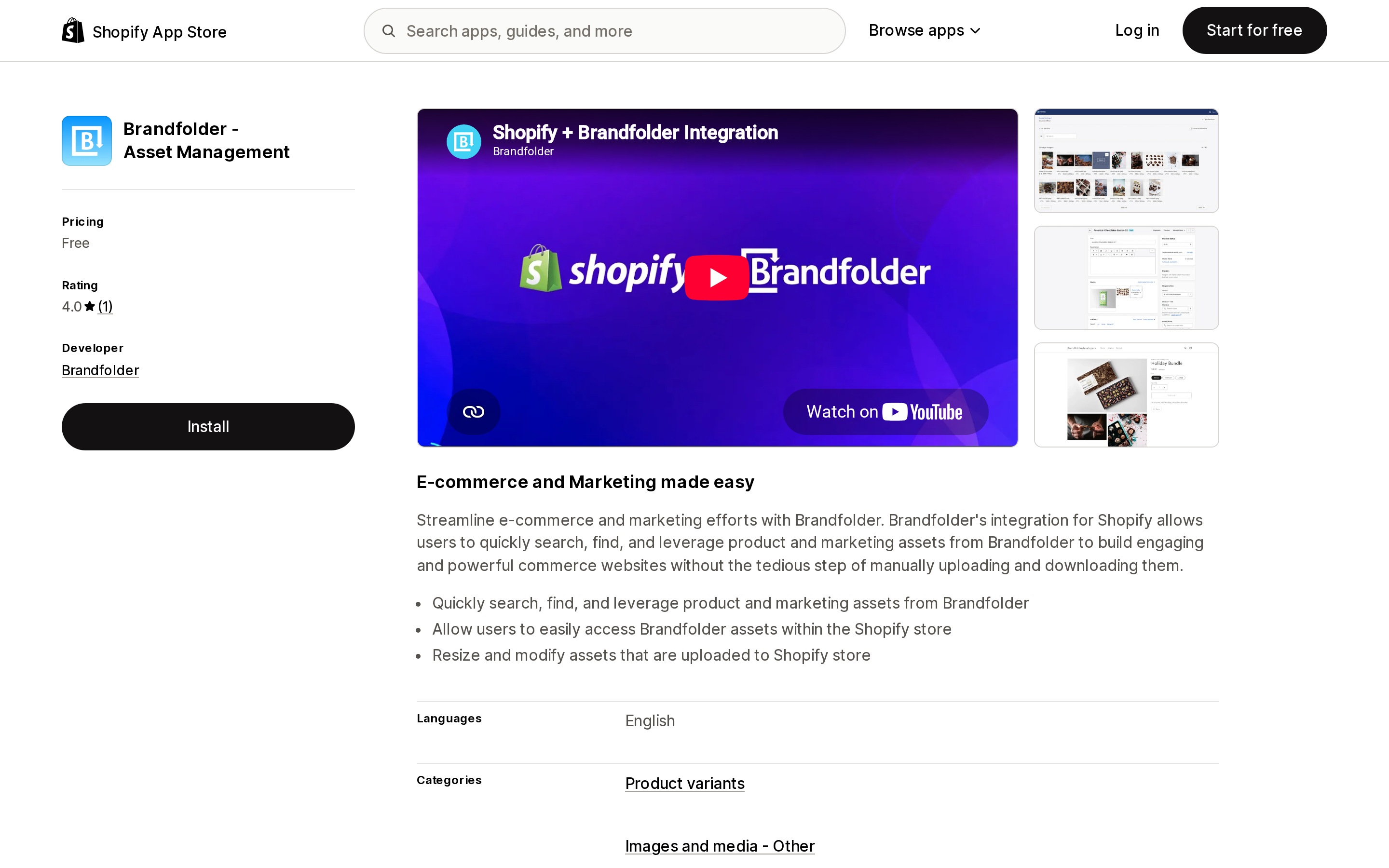 Top of the Shopify App Store listing page for Brandfolder ‑ Asset Management by Brandfolder