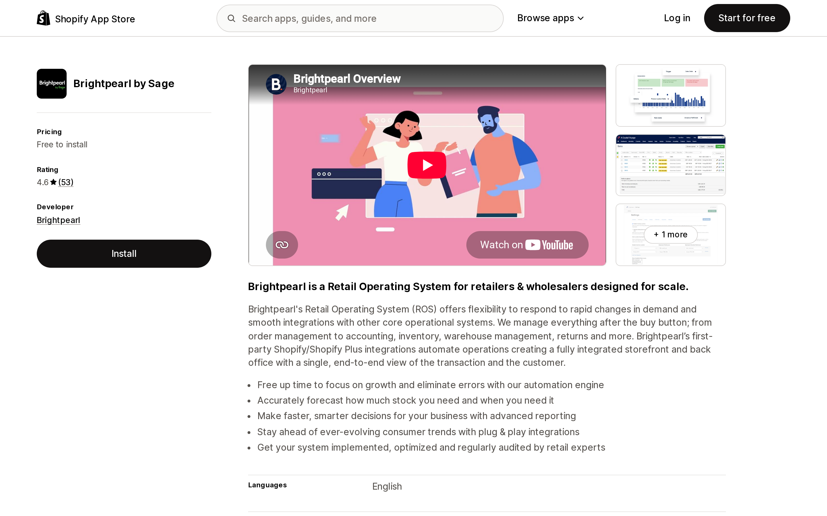 Top of the Shopify App Store listing page for Brightpearl by Sage