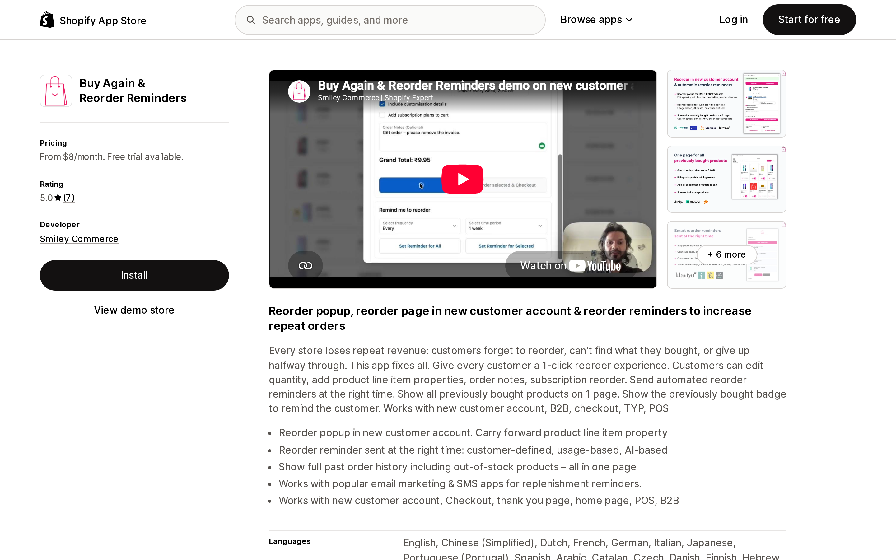 Top of the Shopify App Store listing page for Buy Again & Reorder Reminders