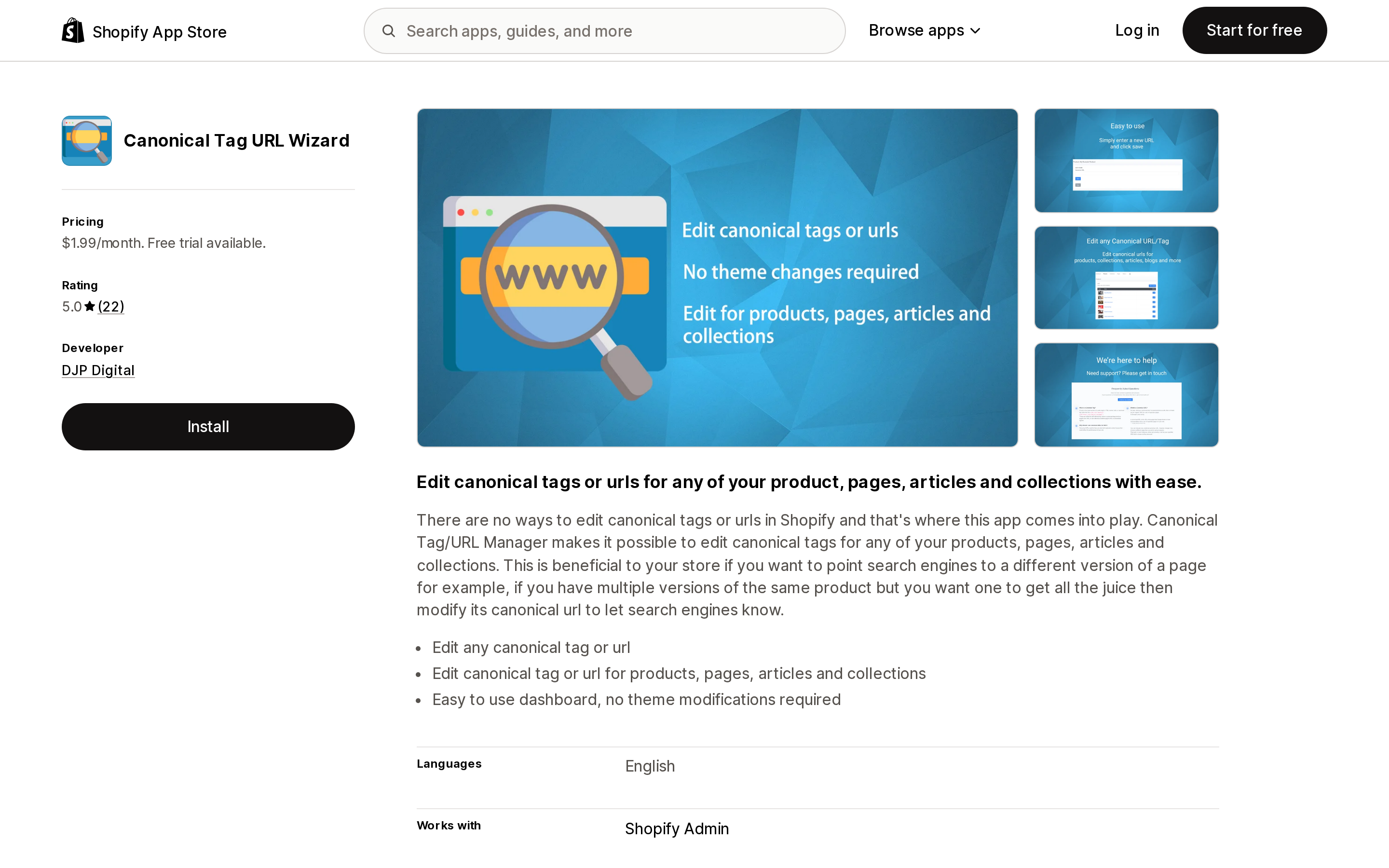 Top of the Shopify App Store listing page for Canonical Tag URL Wizard, priced at $1.99 per month