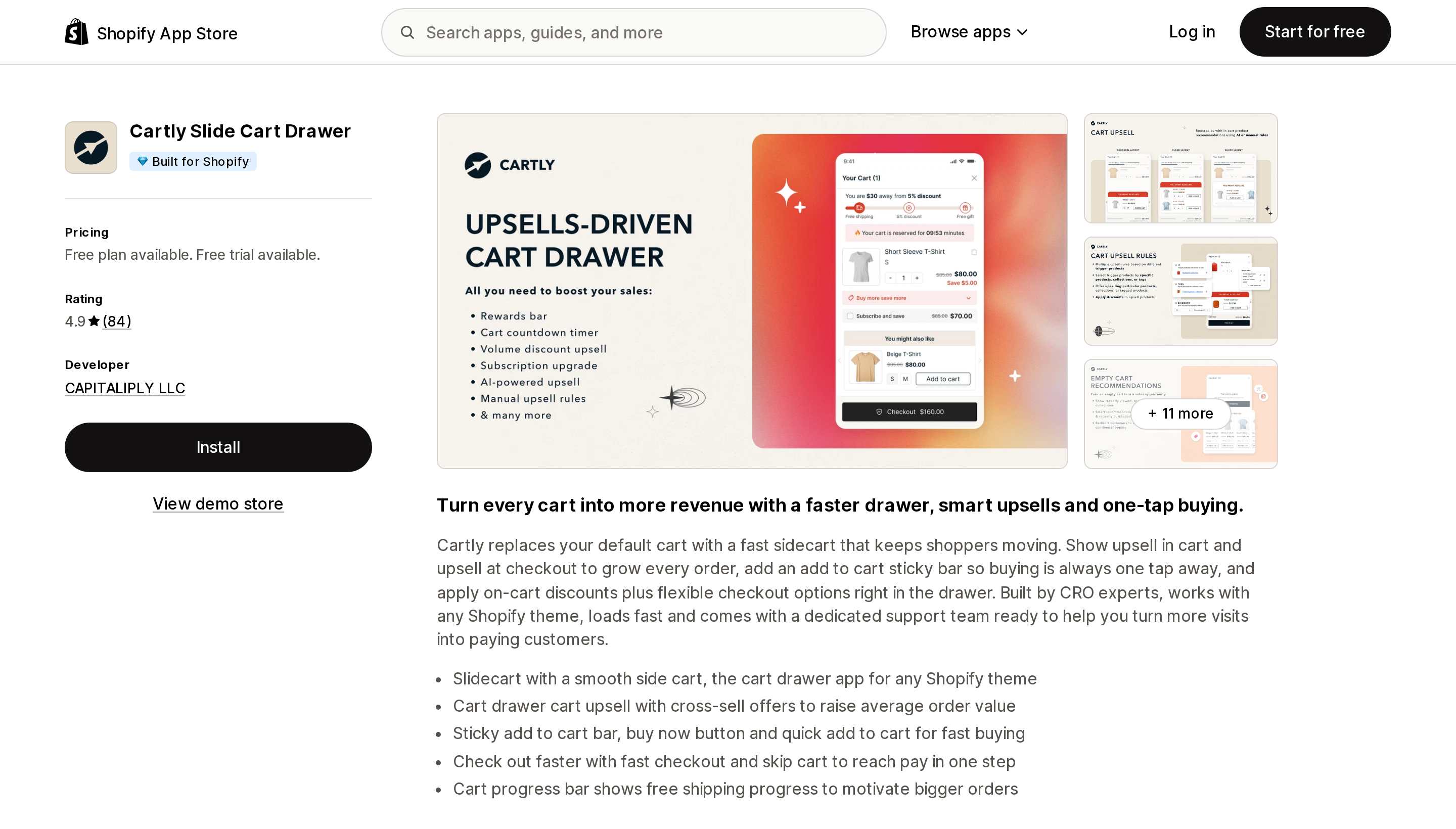 Top of the Shopify App Store listing page for Cartly Slide Cart Drawer