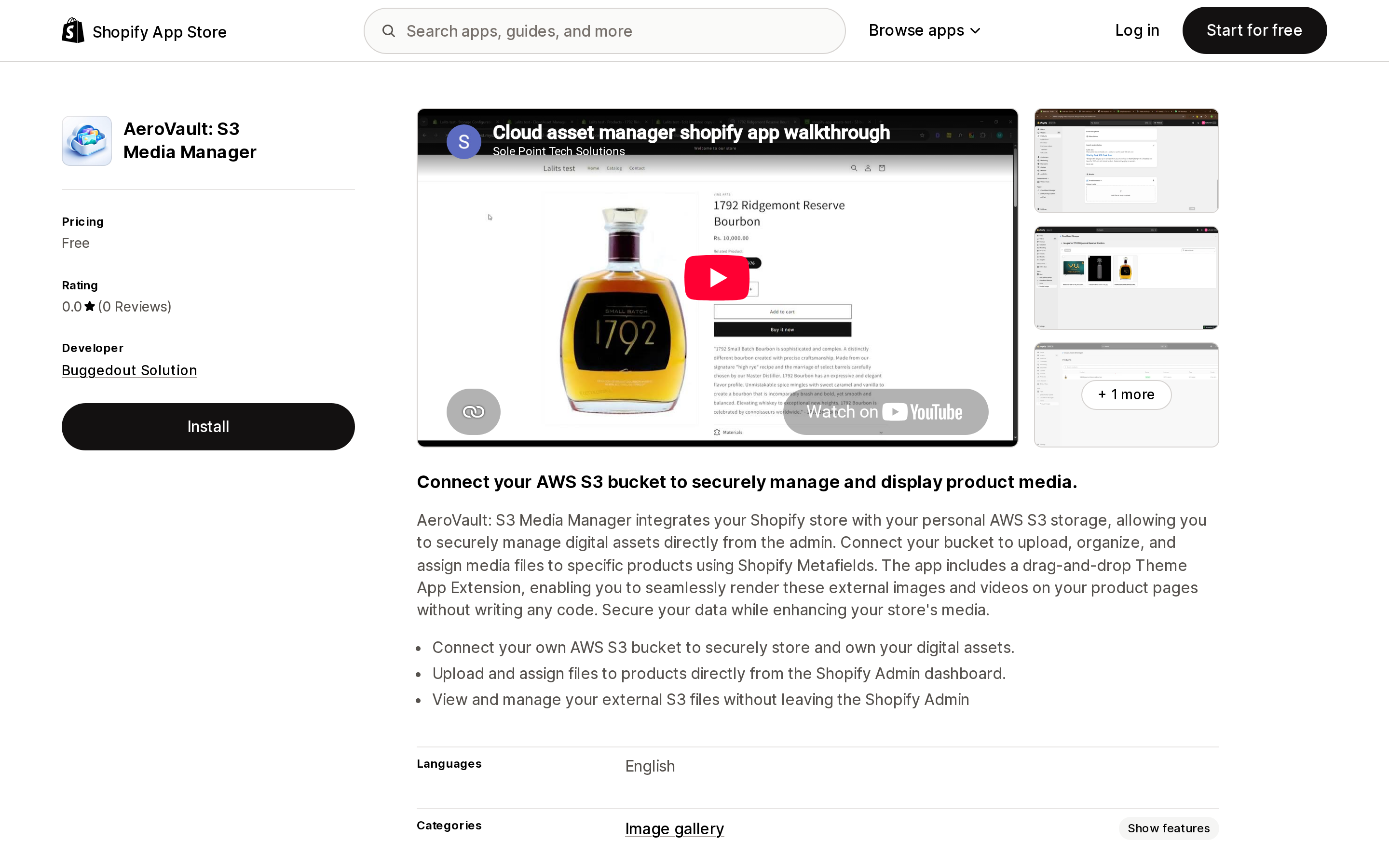 Top of the Shopify App Store listing page for AeroVault: S3 Media Manager by Buggedout Solution