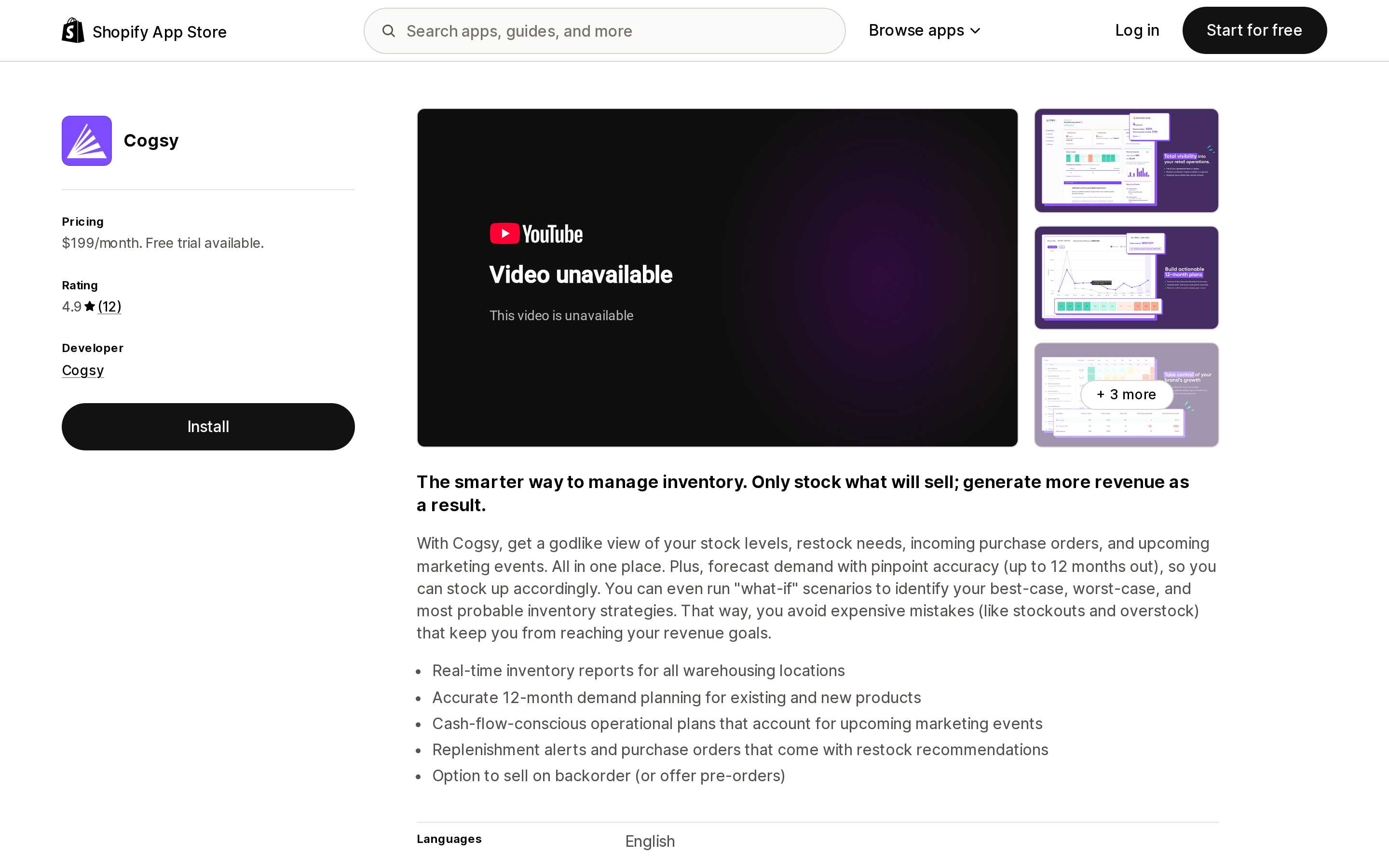 Top of the Shopify App Store listing page for Cogsy, priced at $199 per month
