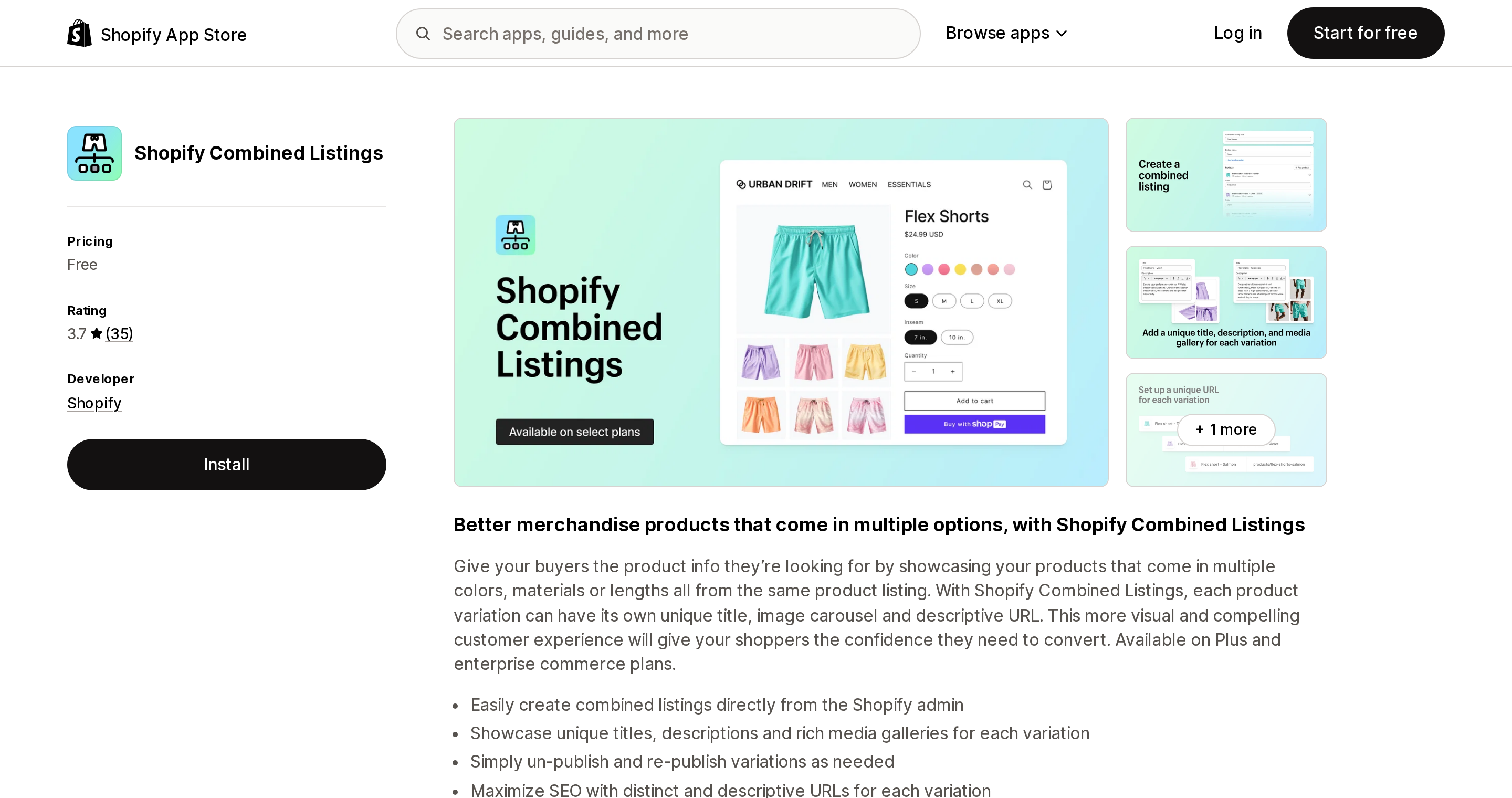 Top of the Shopify App Store listing page for Shopify Combined Listings