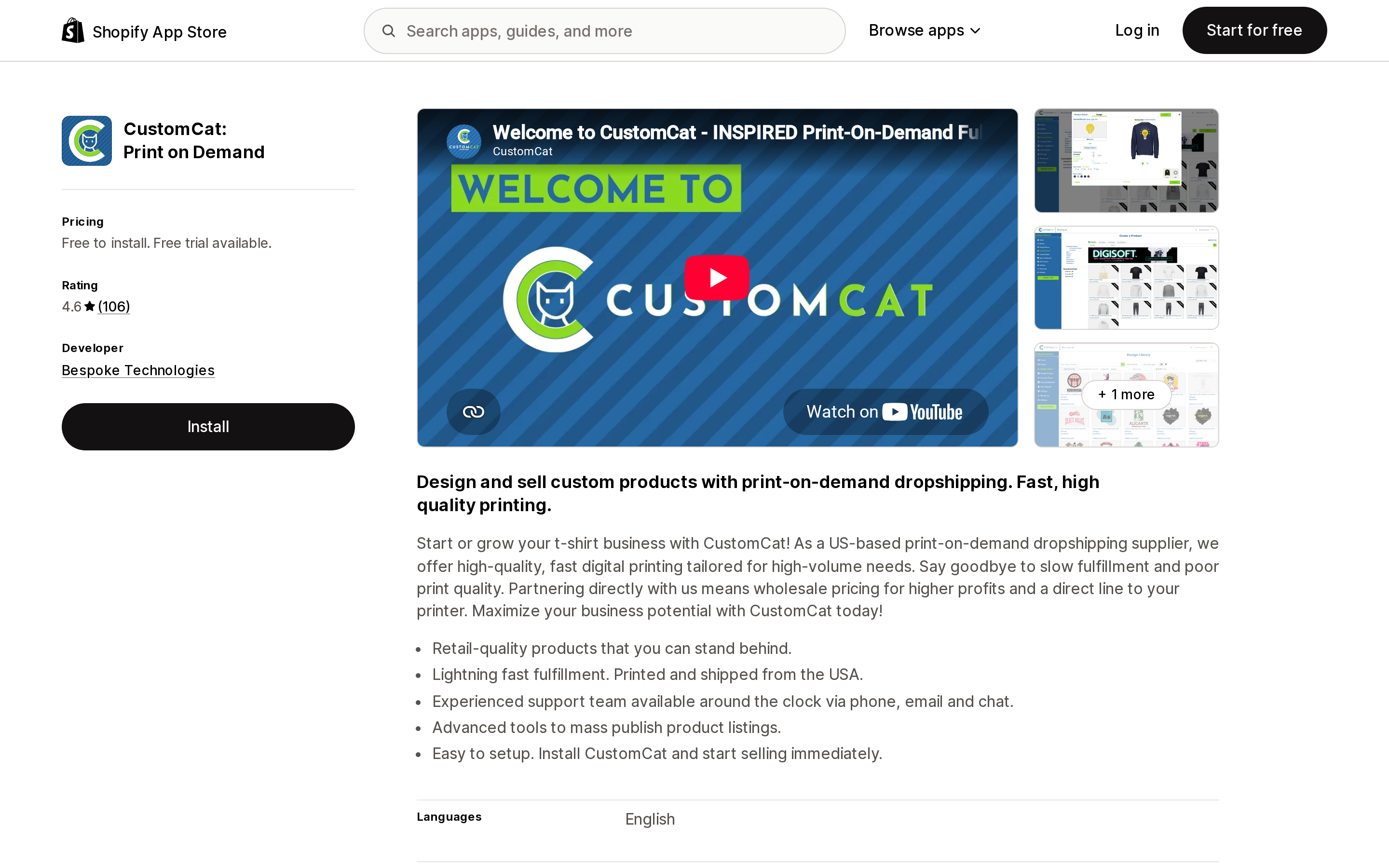 CustomCat: Print on Demand listing on the English Shopify App Store, showing the 4.6 rating from 106 reviews and the CustomCat Lite and CustomCat Pro plans