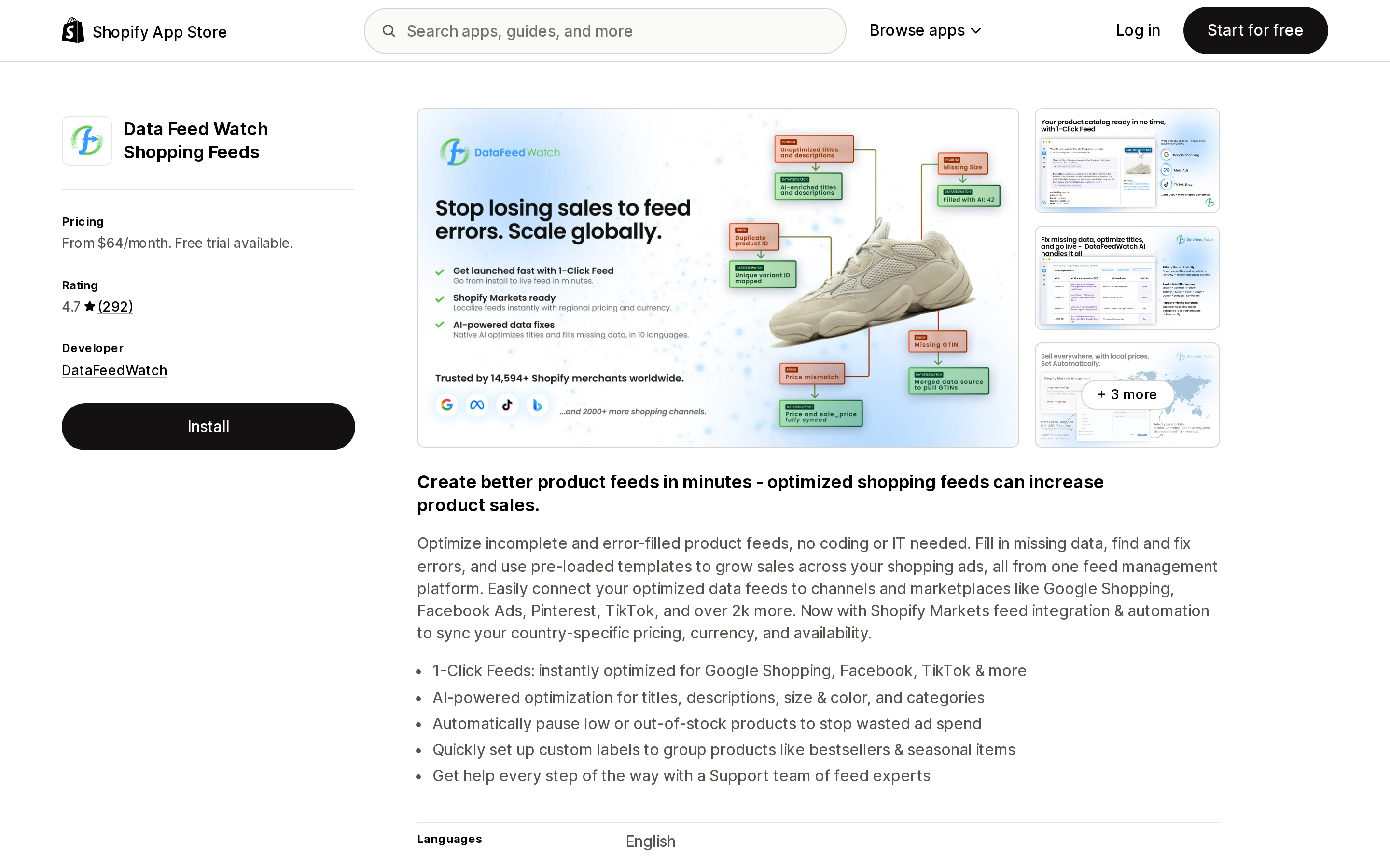 Top of the Shopify App Store listing page for Data Feed Watch Shopping Feeds by DataFeedWatch
