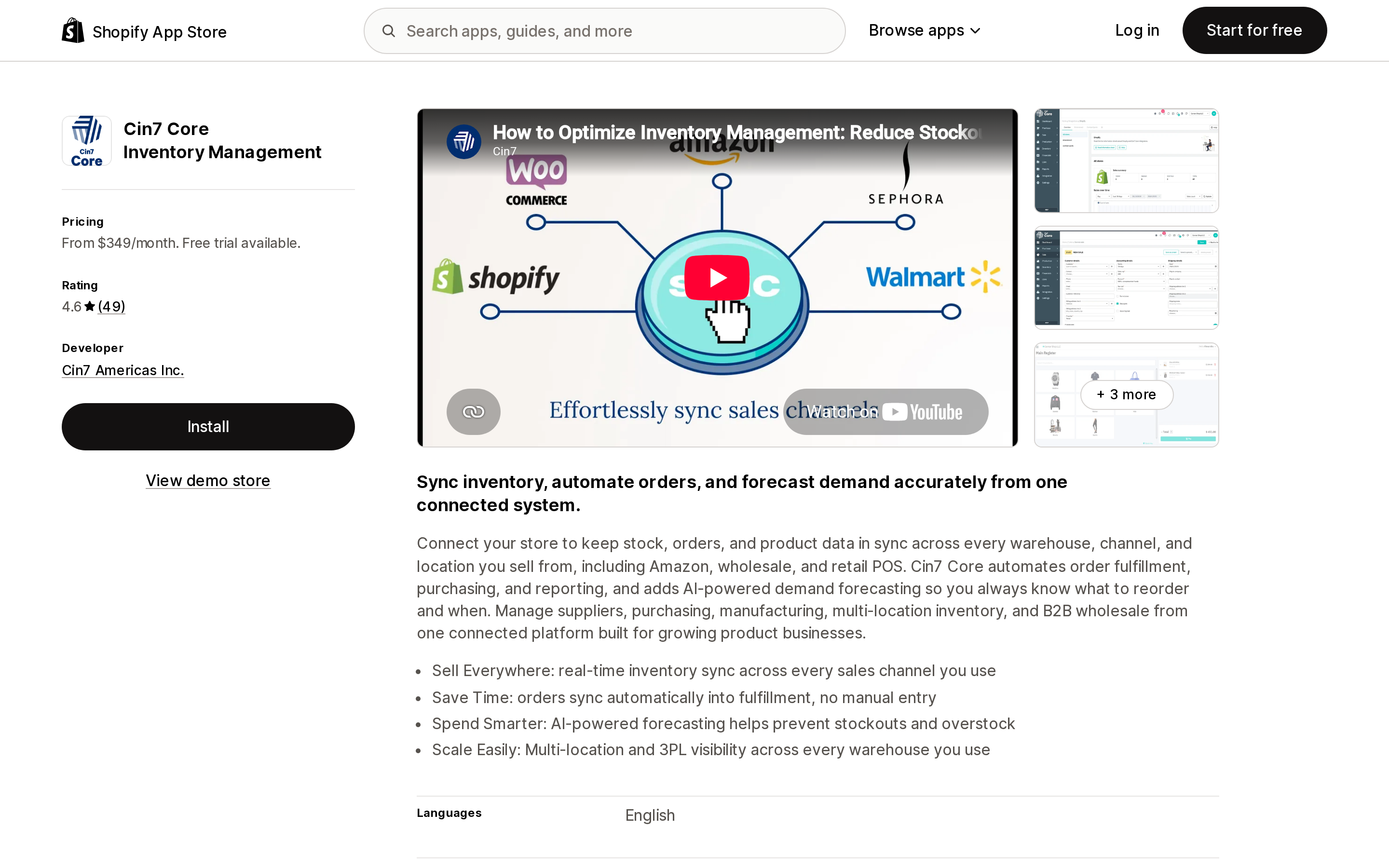 Top of the Shopify App Store listing page for Cin7 Core Inventory Management