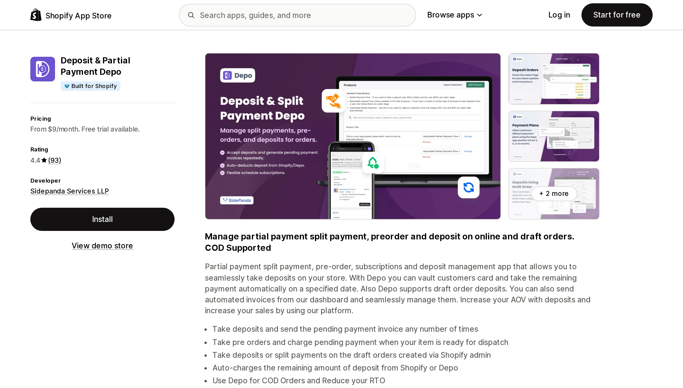 Top of the Shopify App Store listing page for Deposit & Partial Payment Depo, showing the Built for Shopify badge