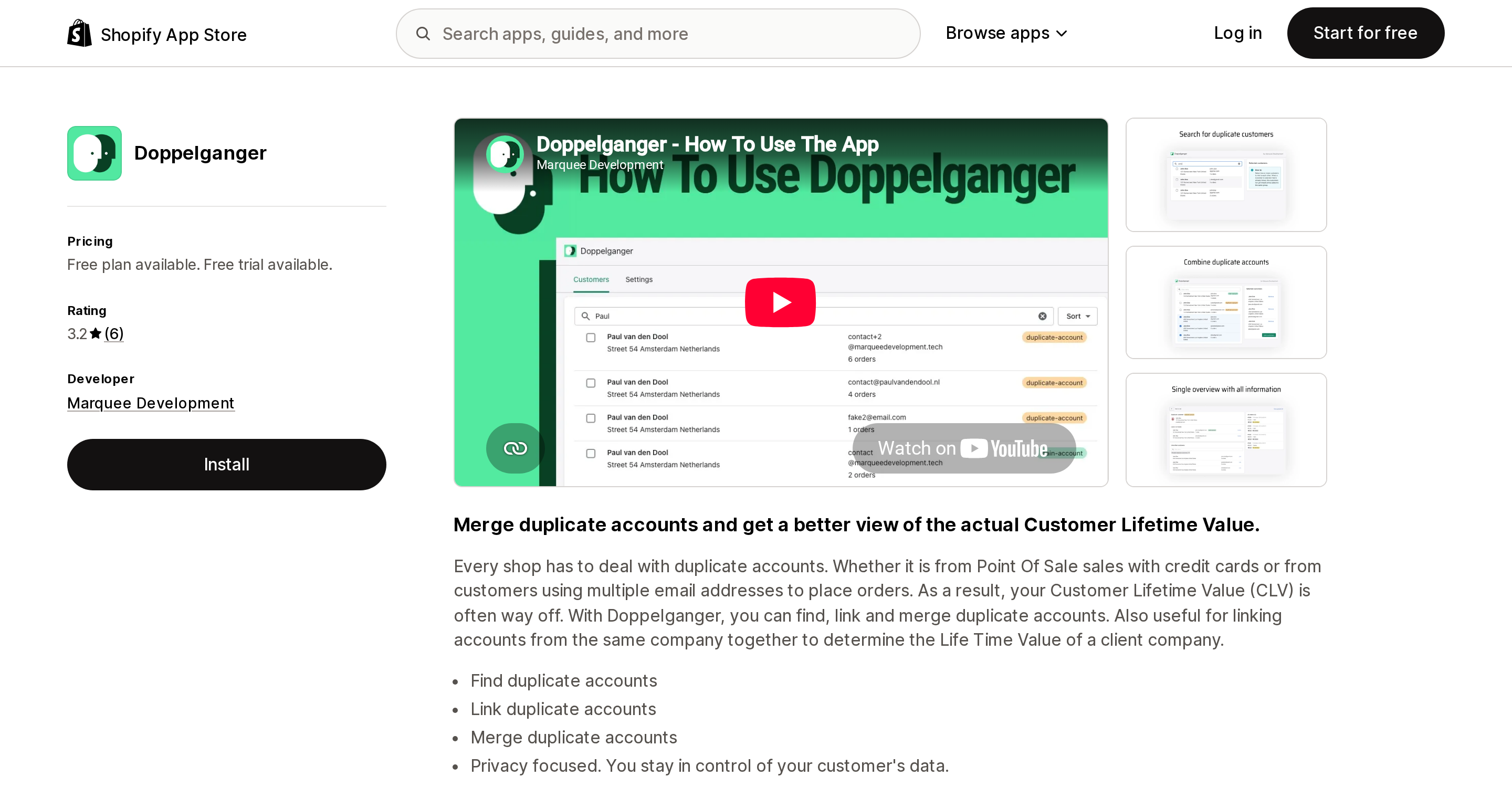 Top of the Shopify App Store listing page for Doppelganger, showing its rating and account linking feature