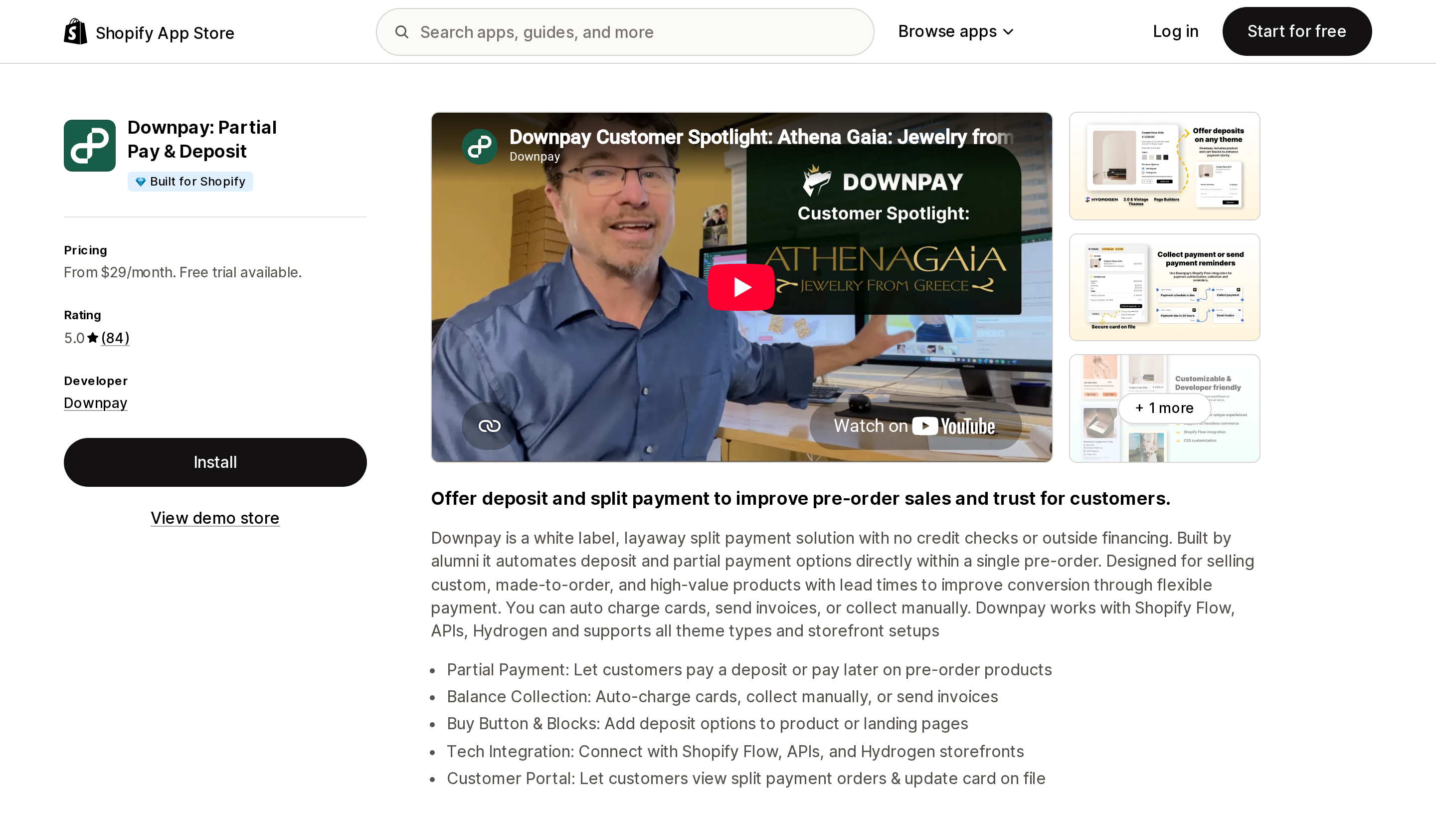 Top of the Shopify App Store listing page for Downpay: Partial Pay & Deposit, showing the Built for Shopify badge
