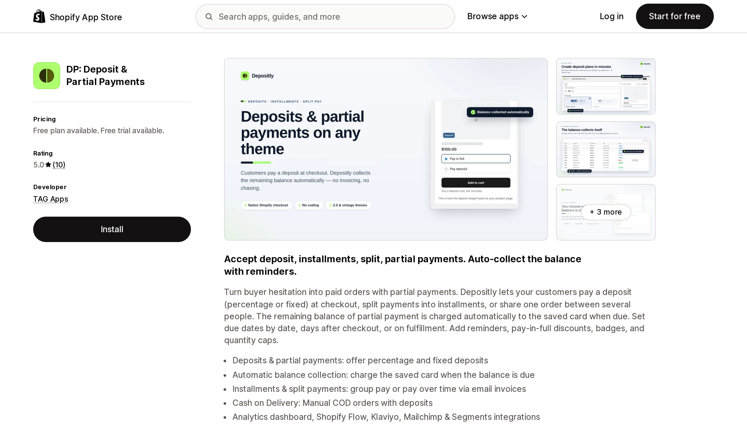 Top of the Shopify App Store listing page for DP: Deposit and Partial Payments by TAG Apps