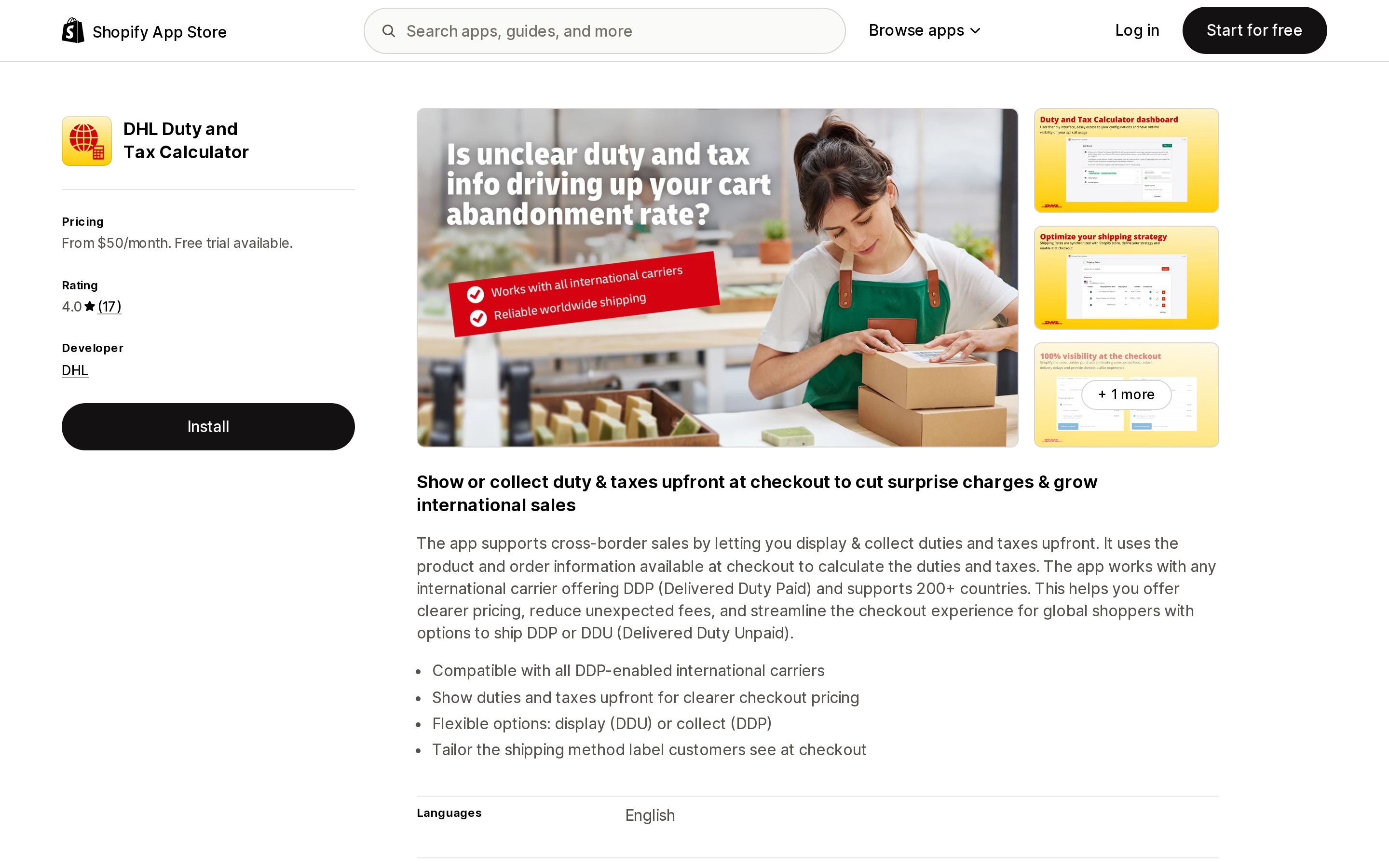 Top of the Shopify App Store listing page for DHL Duty and Tax Calculator