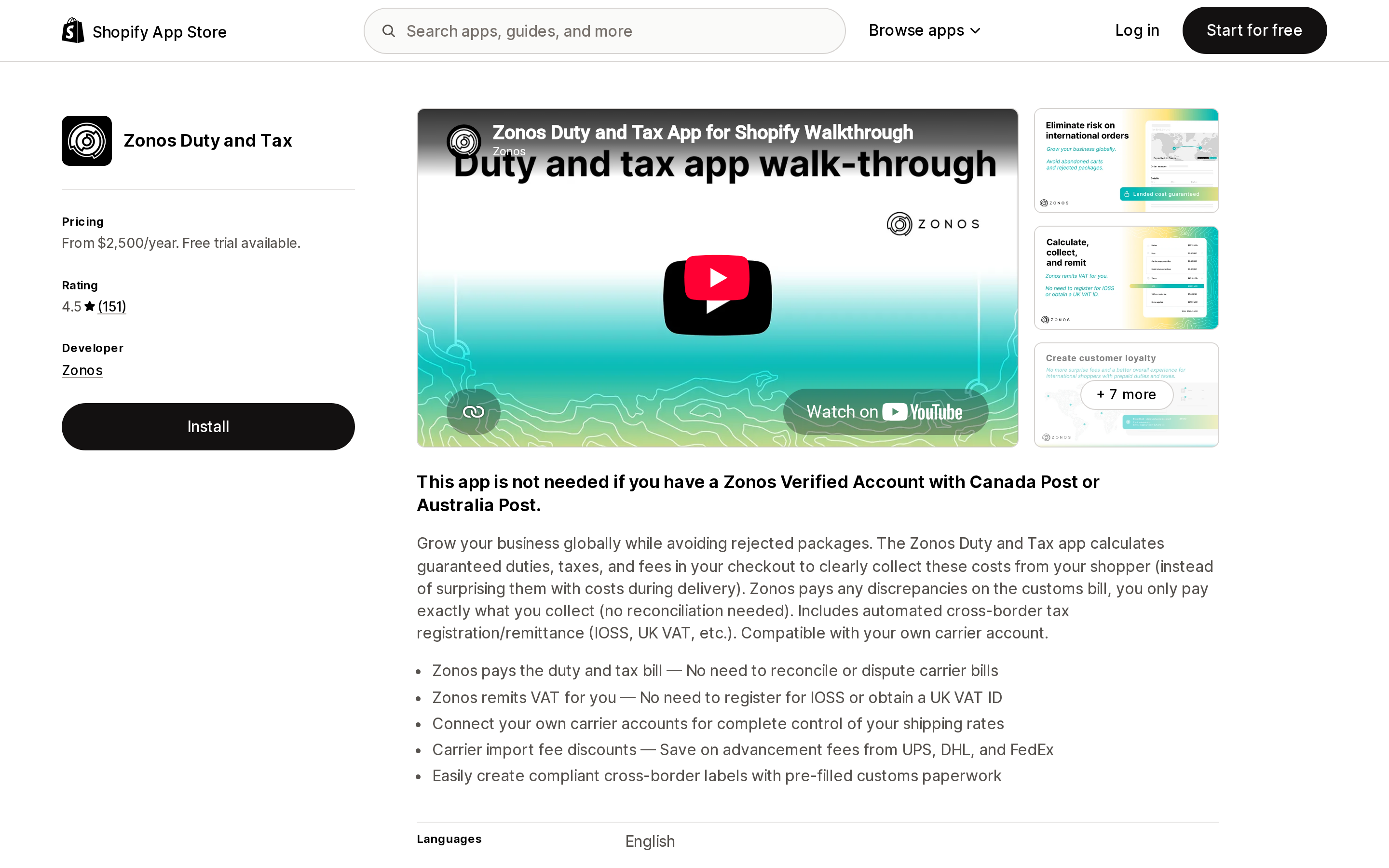 Top of the Shopify App Store listing page for Zonos Duty and Tax