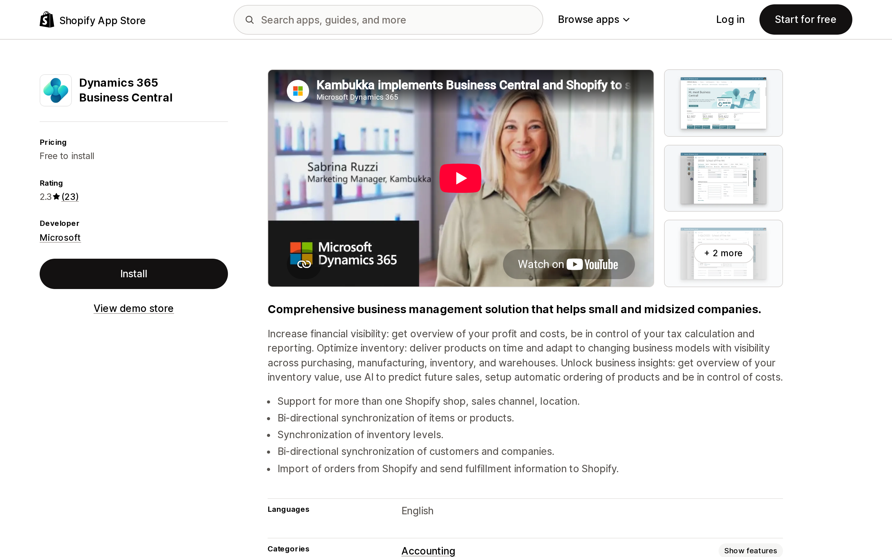 Top of the Shopify App Store listing page for Dynamics 365 Business Central