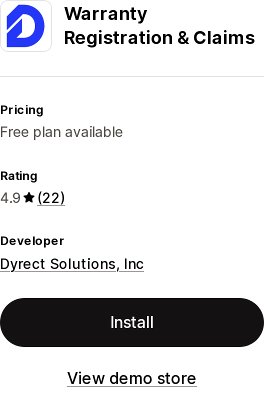 Top of the Shopify App Store listing page for Warranty Registration & Claims by Dyrect Solutions