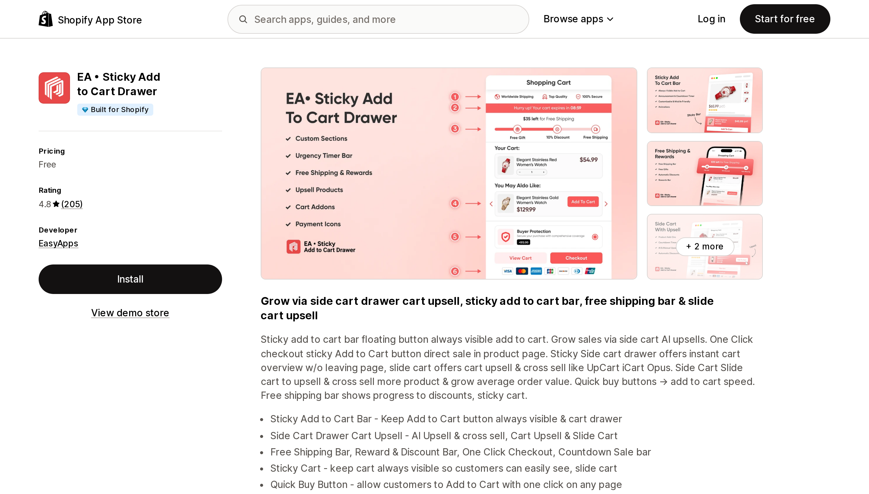 Top of the Shopify App Store listing page for EA • Sticky Add to Cart Drawer
