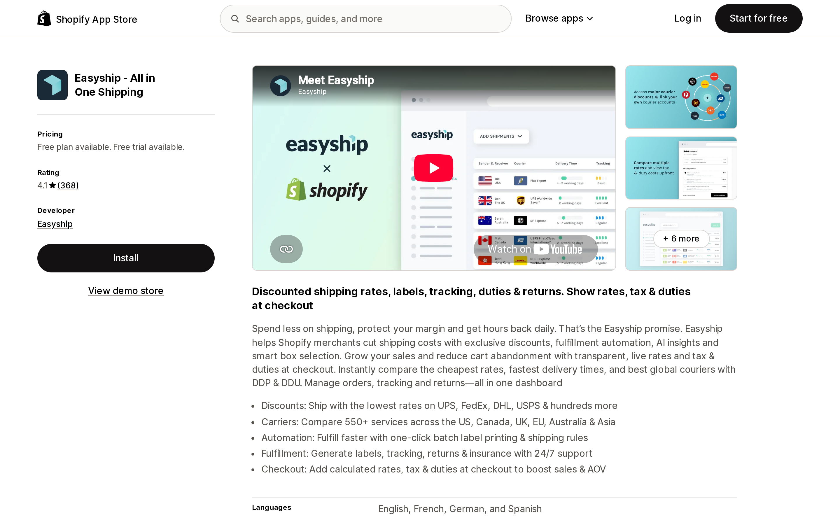 Top of the Shopify App Store listing page for Easyship - All in One Shipping