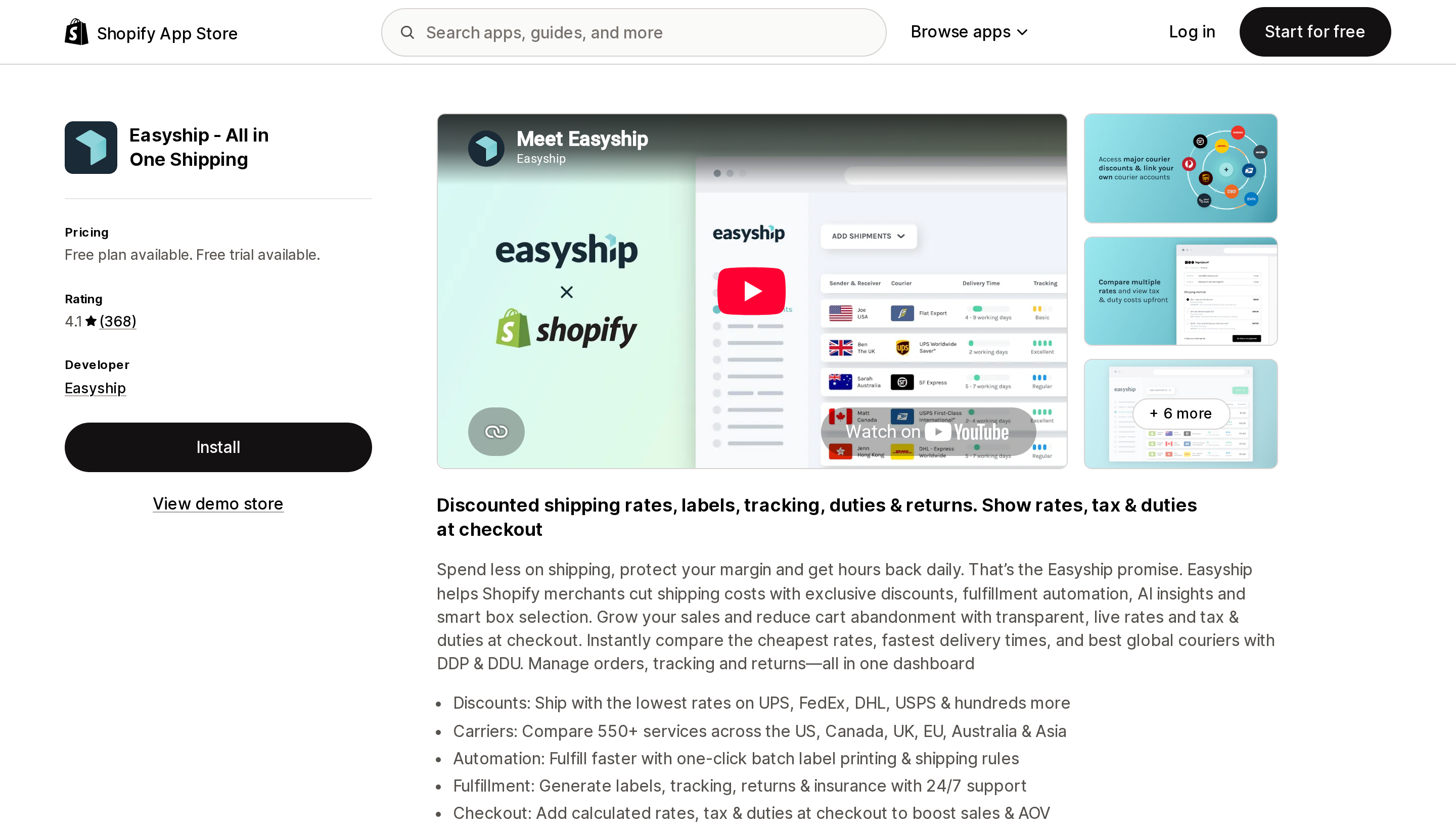 Top of the Shopify App Store listing page for Easyship All in One Shipping