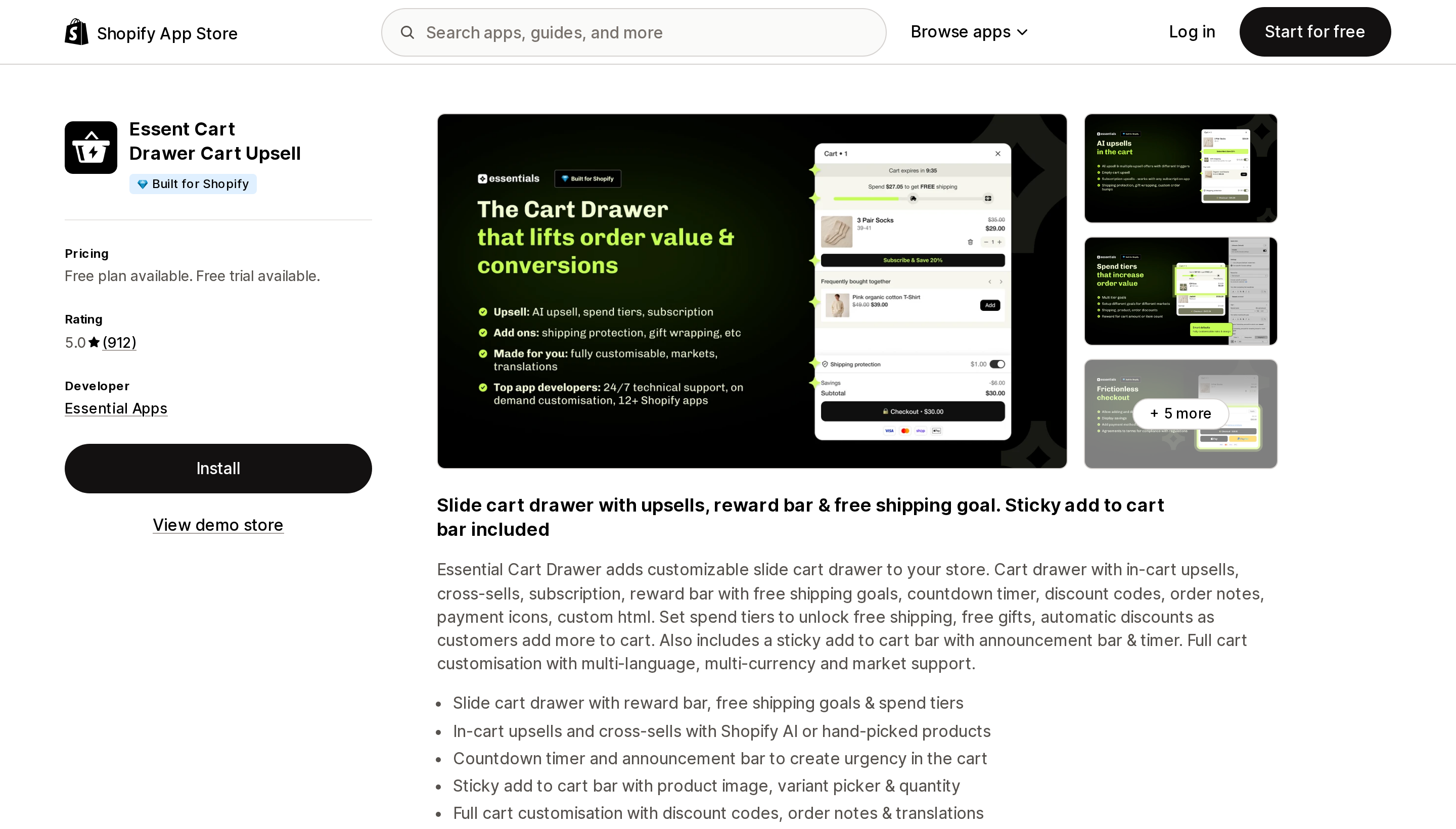 Top of the Shopify App Store listing page for Essent Cart Drawer Cart Upsell