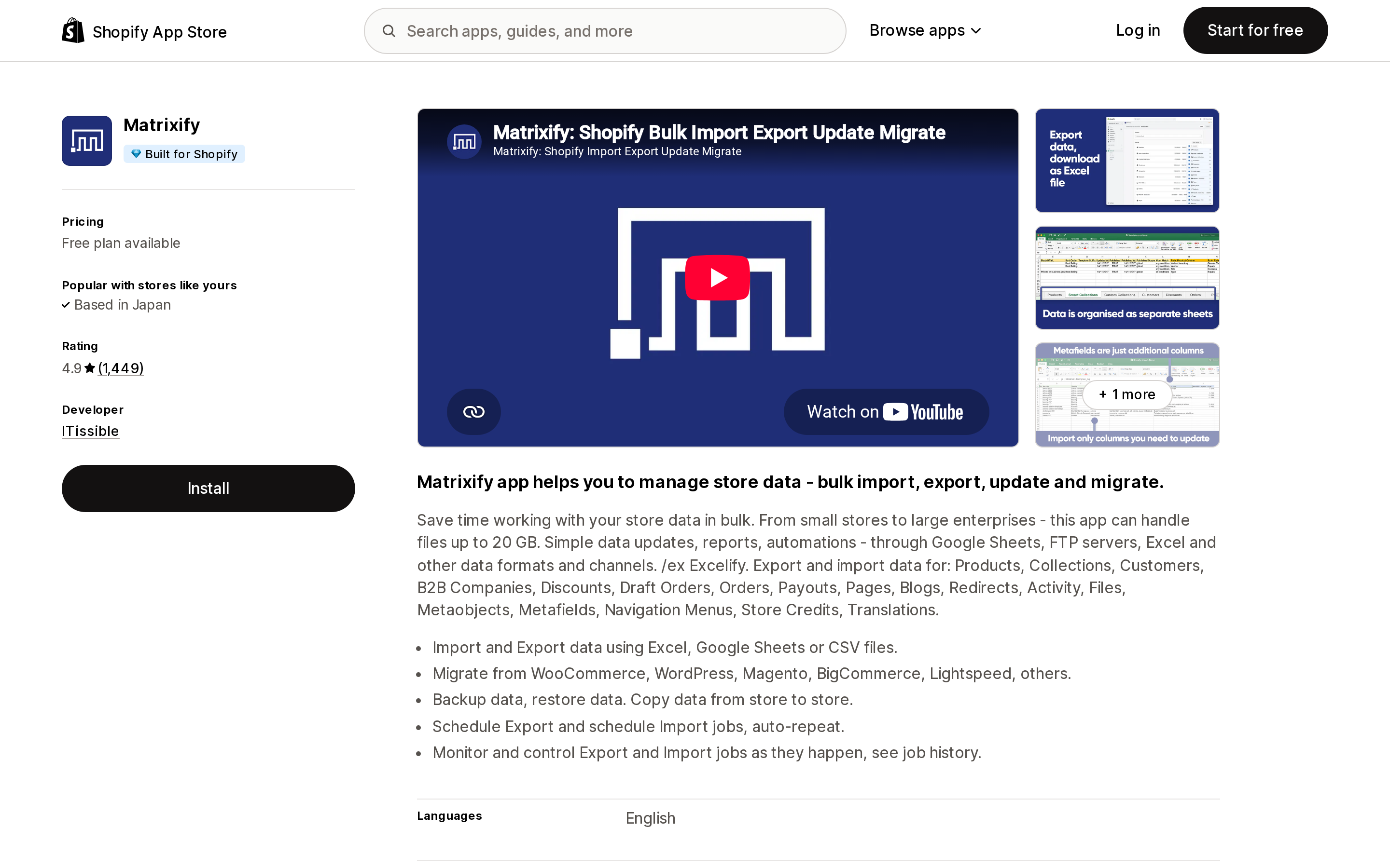 Shopify App Store listing for Matrixify, showing the Built for Shopify badge, Free to install pricing, and a 4.9 star rating from 1,449 reviews