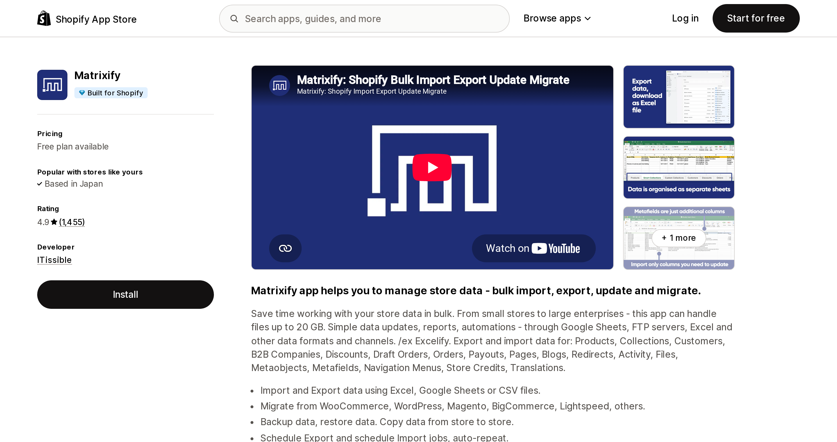Top of the Shopify App Store listing page for Matrixify, showing its rating, review count and Built for Shopify badge