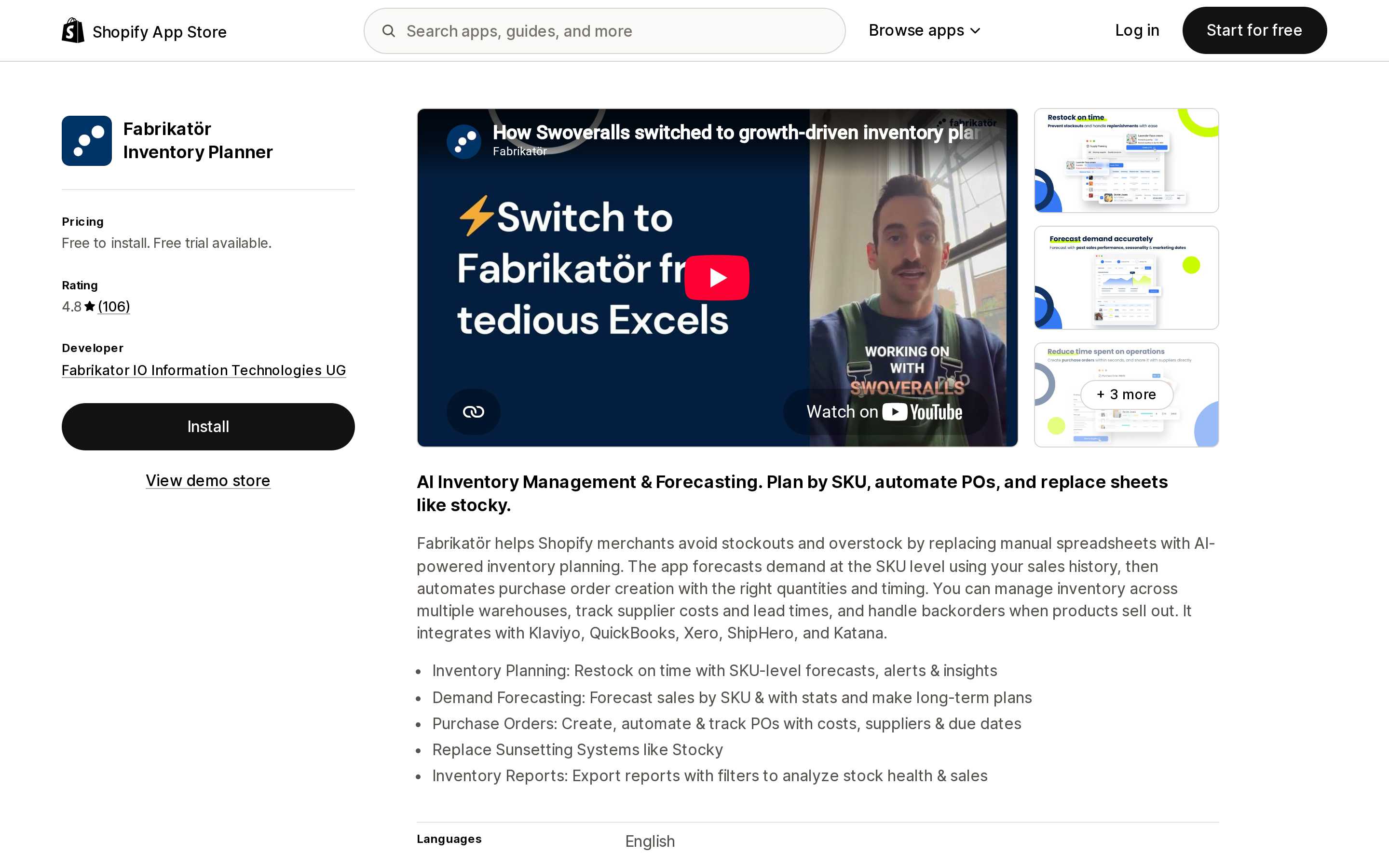 Top of the Shopify App Store listing page for Fabrikatör Inventory Planner