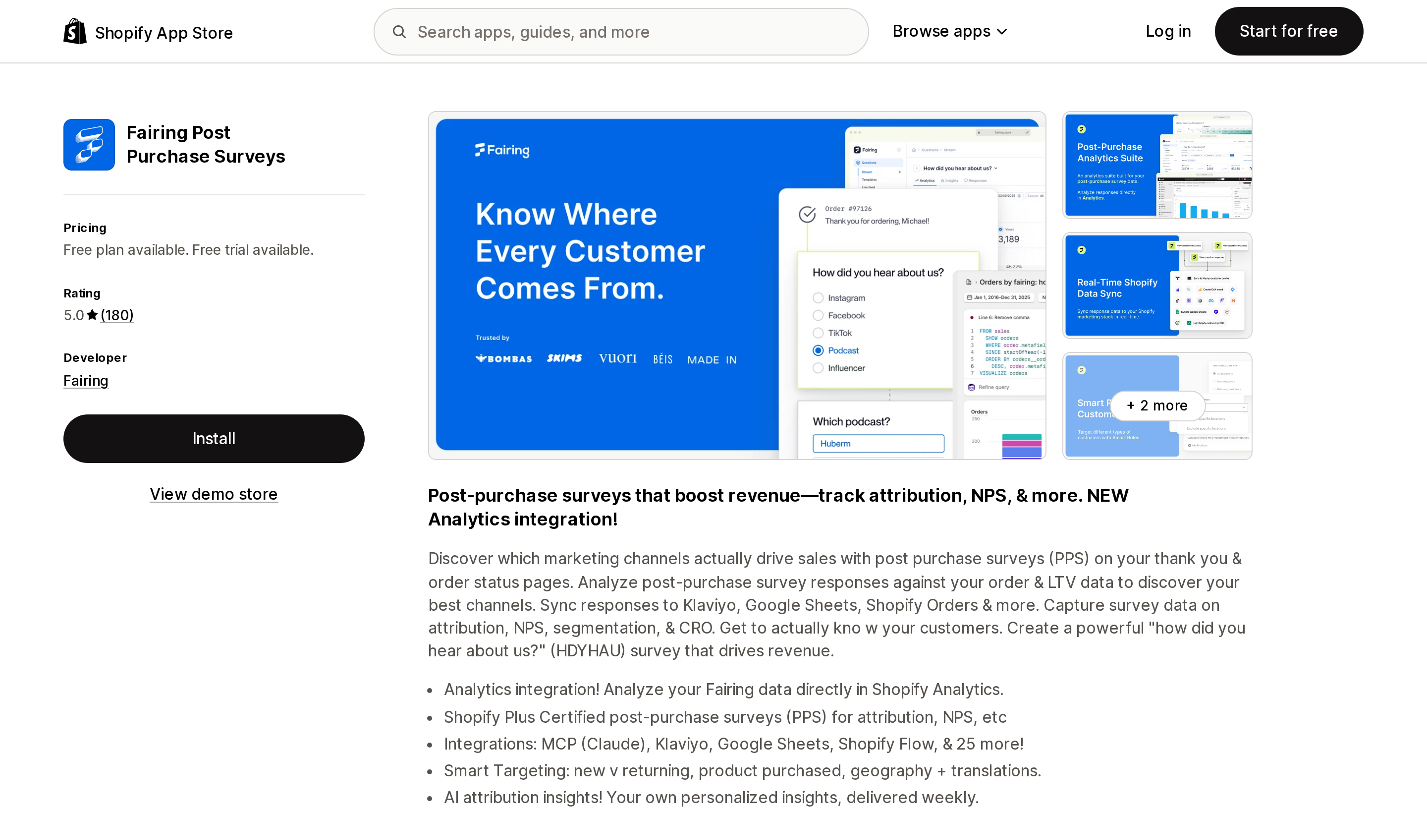 Top of the Shopify App Store listing page for Fairing Post Purchase Surveys